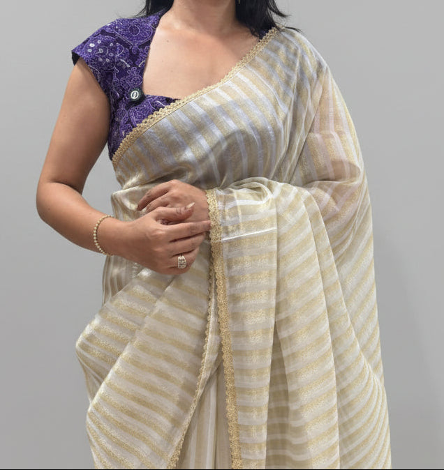 Cream tissue stripes 12 saree