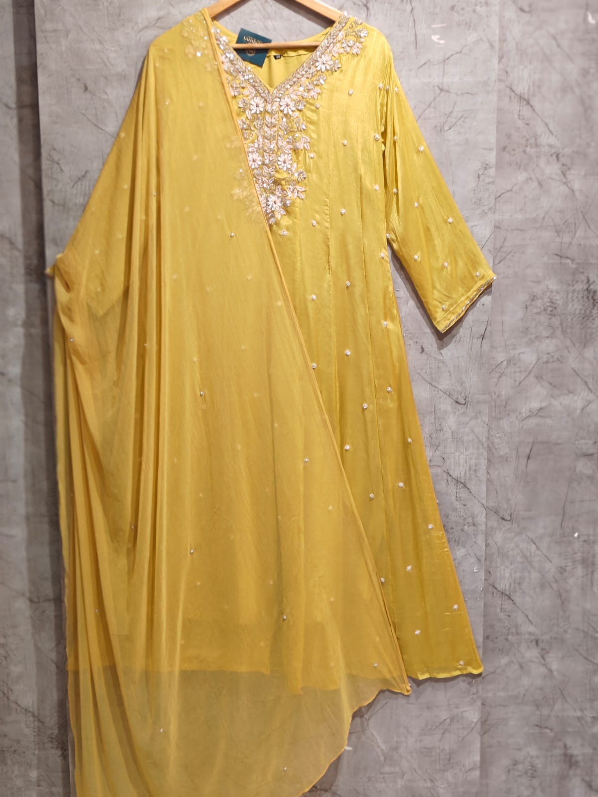 Yellow Anarkali Chinnon Hand Embroidery Kurtha 567