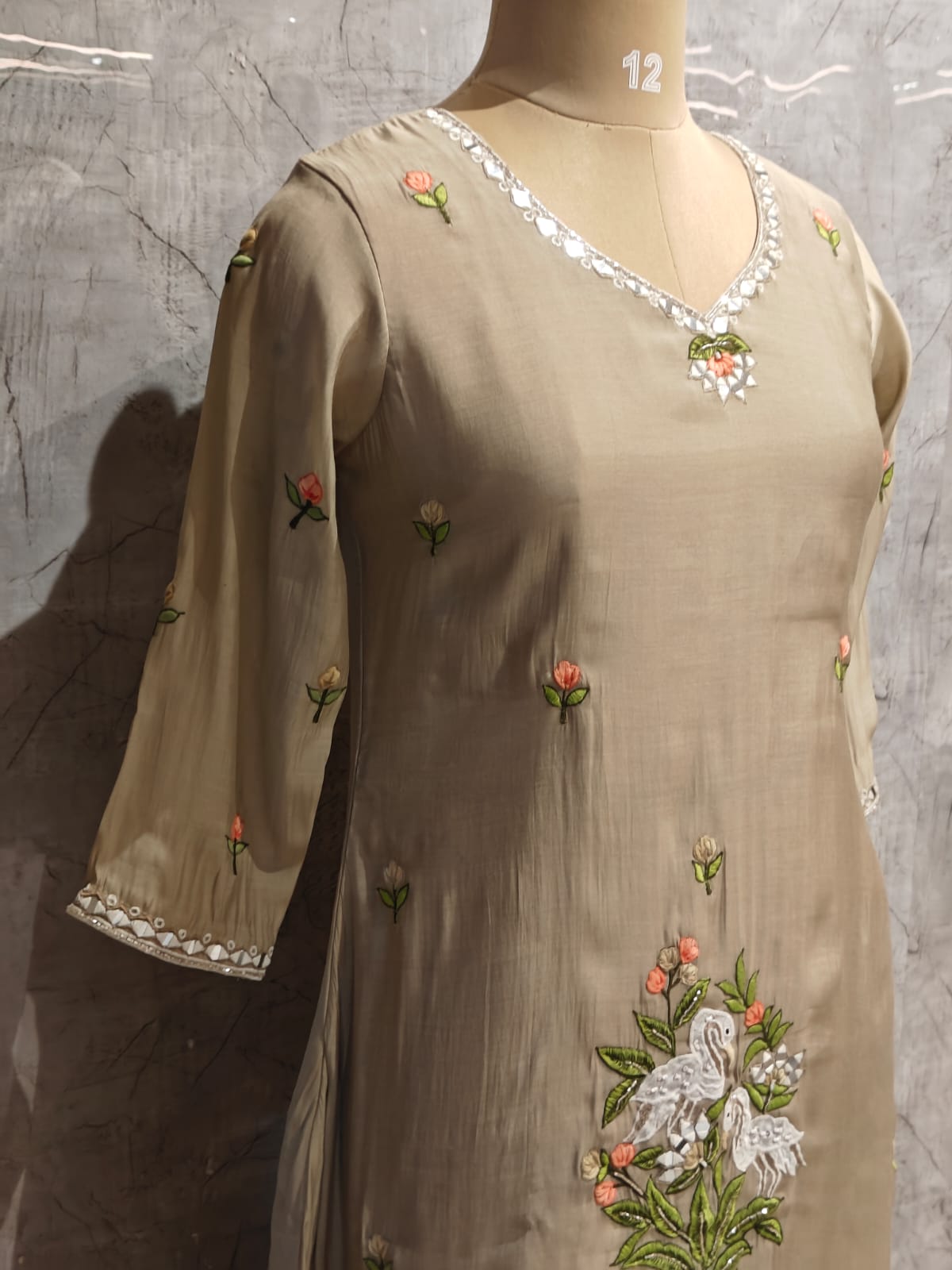 Greyish Green  Mul Chanderi Thread Embroidery Airline Kurtha 63