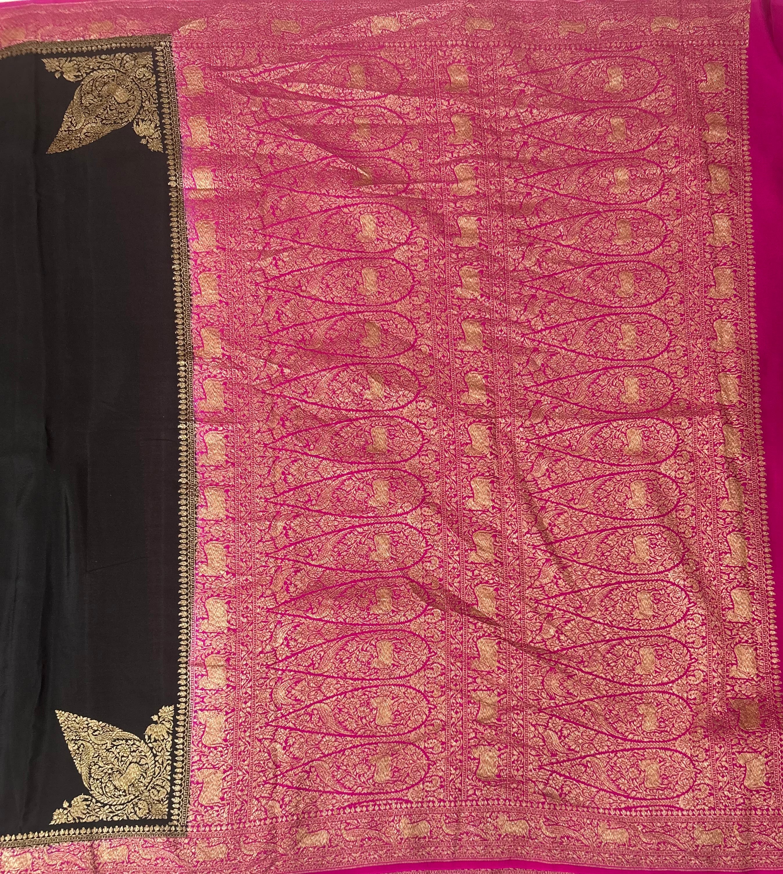 Black n pink pure banarasi crepe 102 silk saree