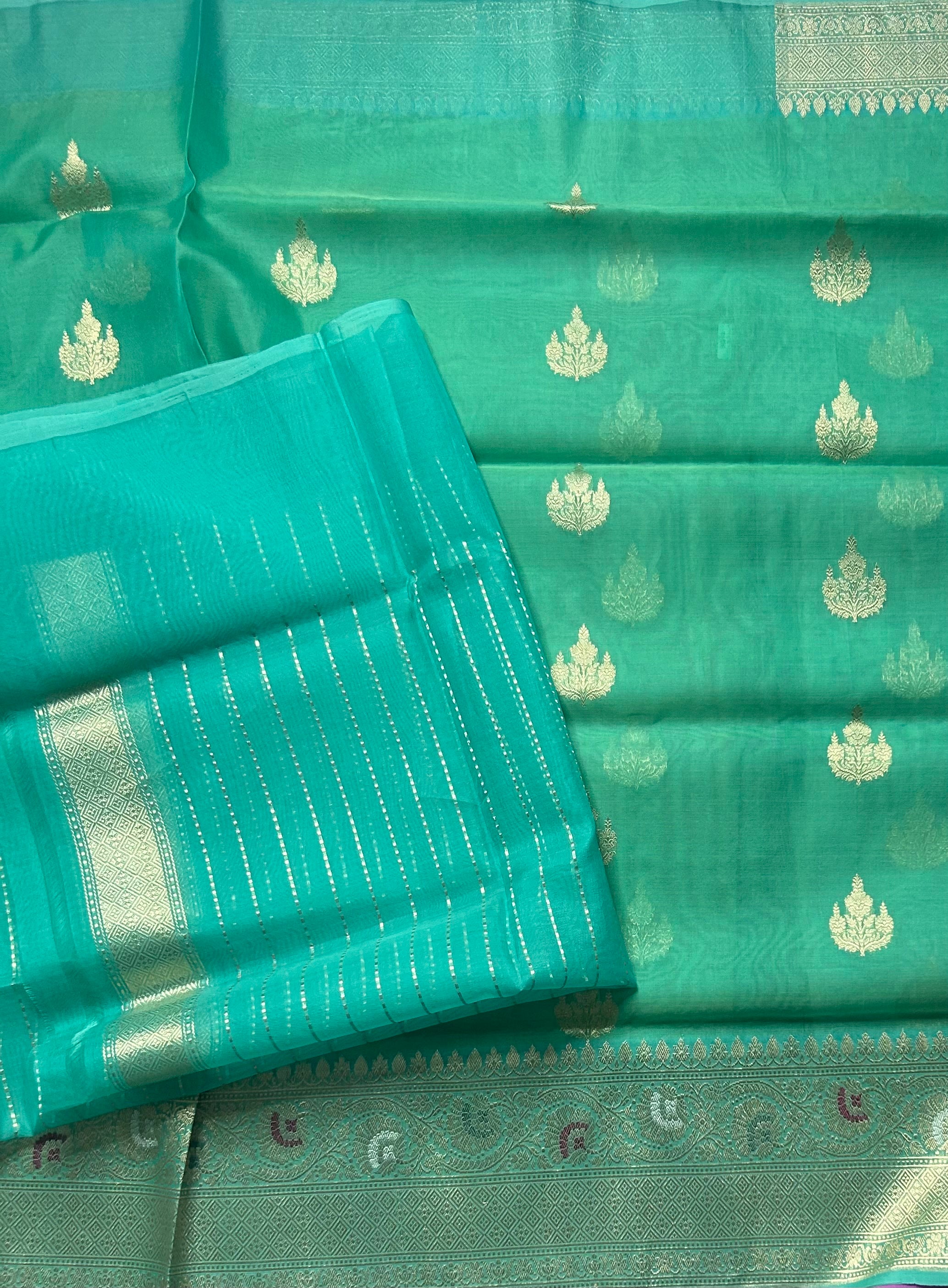 Aqua green pure kora organza handloom  saree