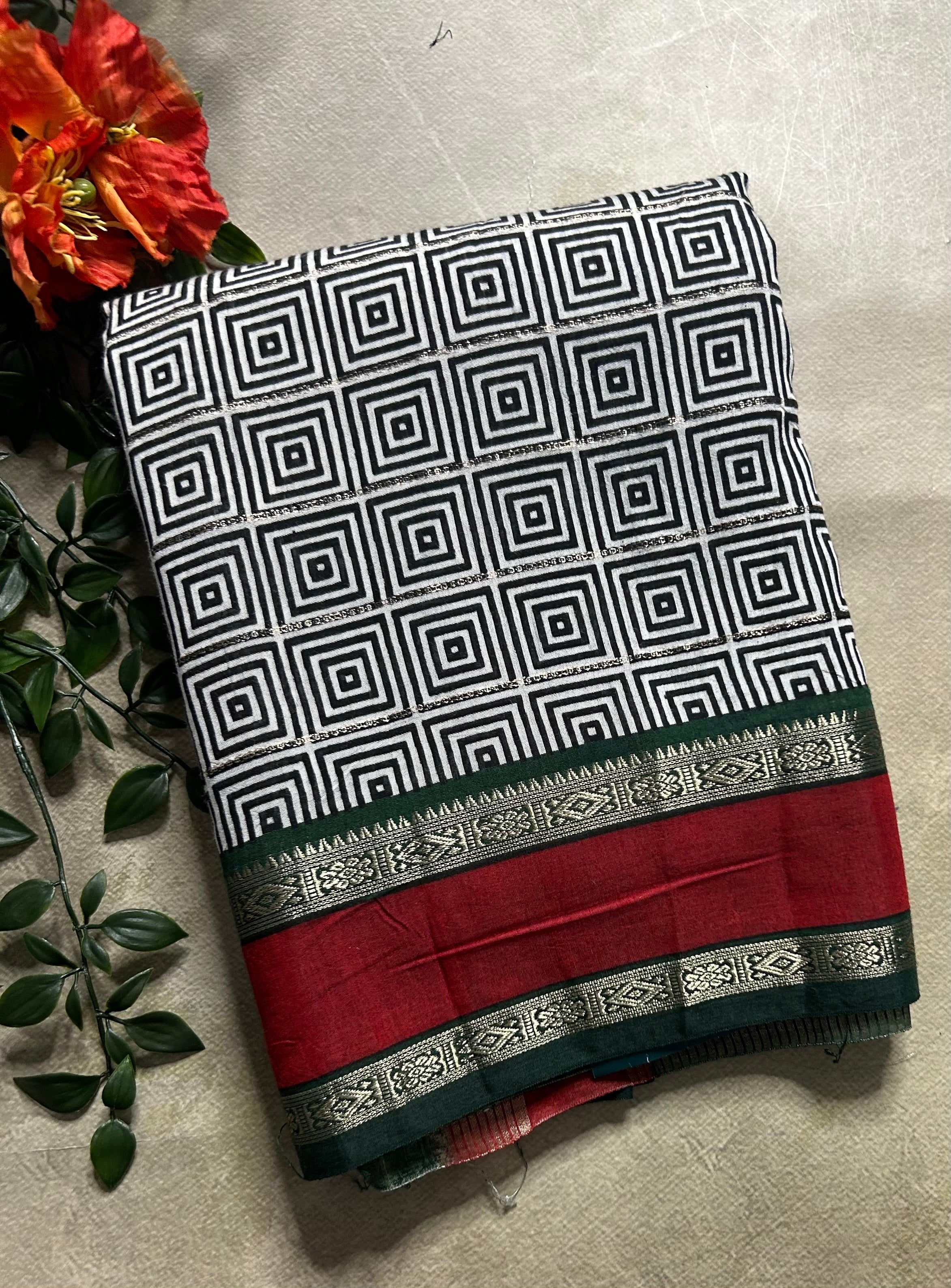 Black n white bentex border pure cotton 103 saree