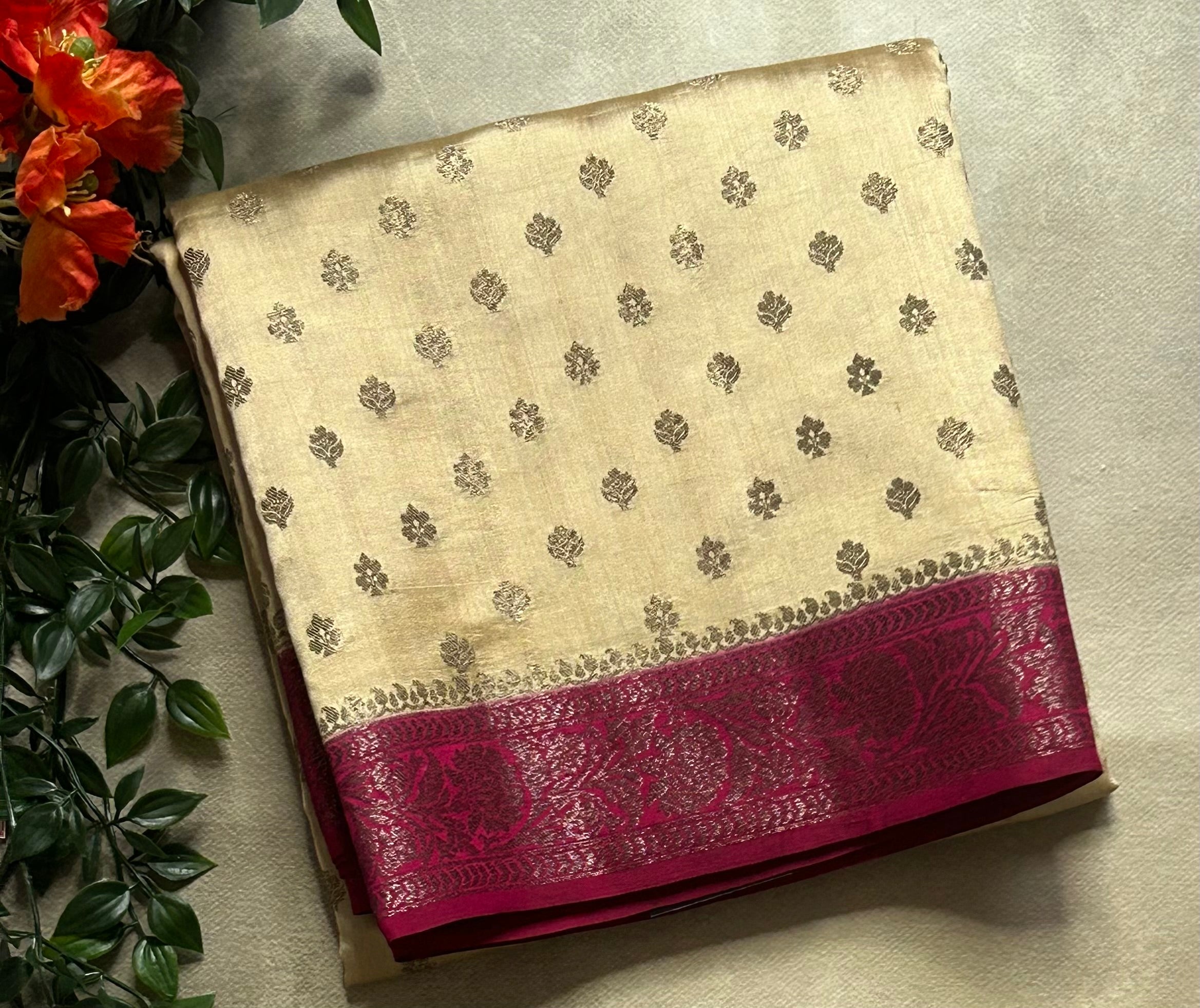 Golden beige n Megenta small Butta pure chiniya 103 saree