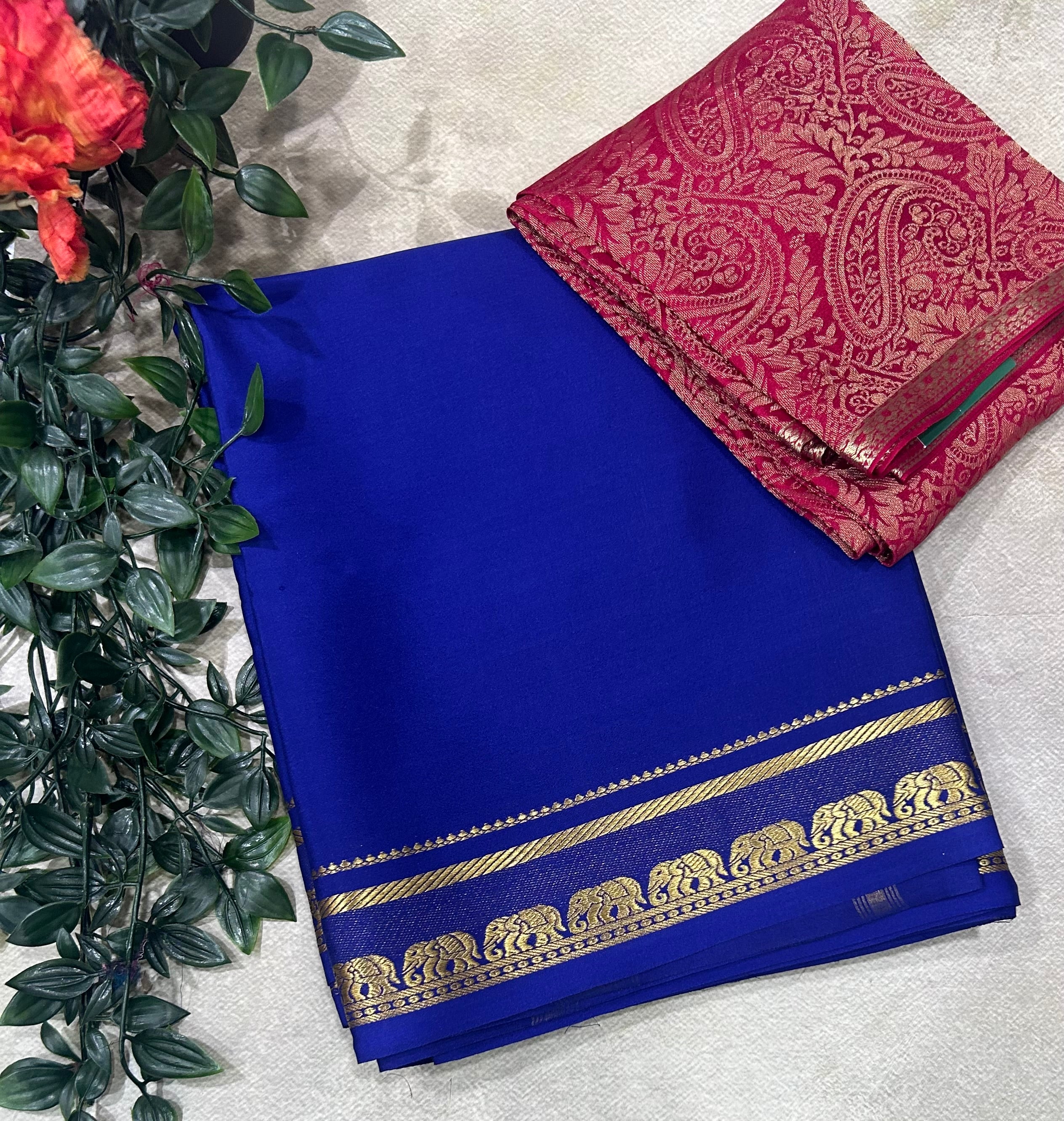 Navy blue plain pure mysore crepe silk saree with Mysore brocade blouse piece(MSM106)