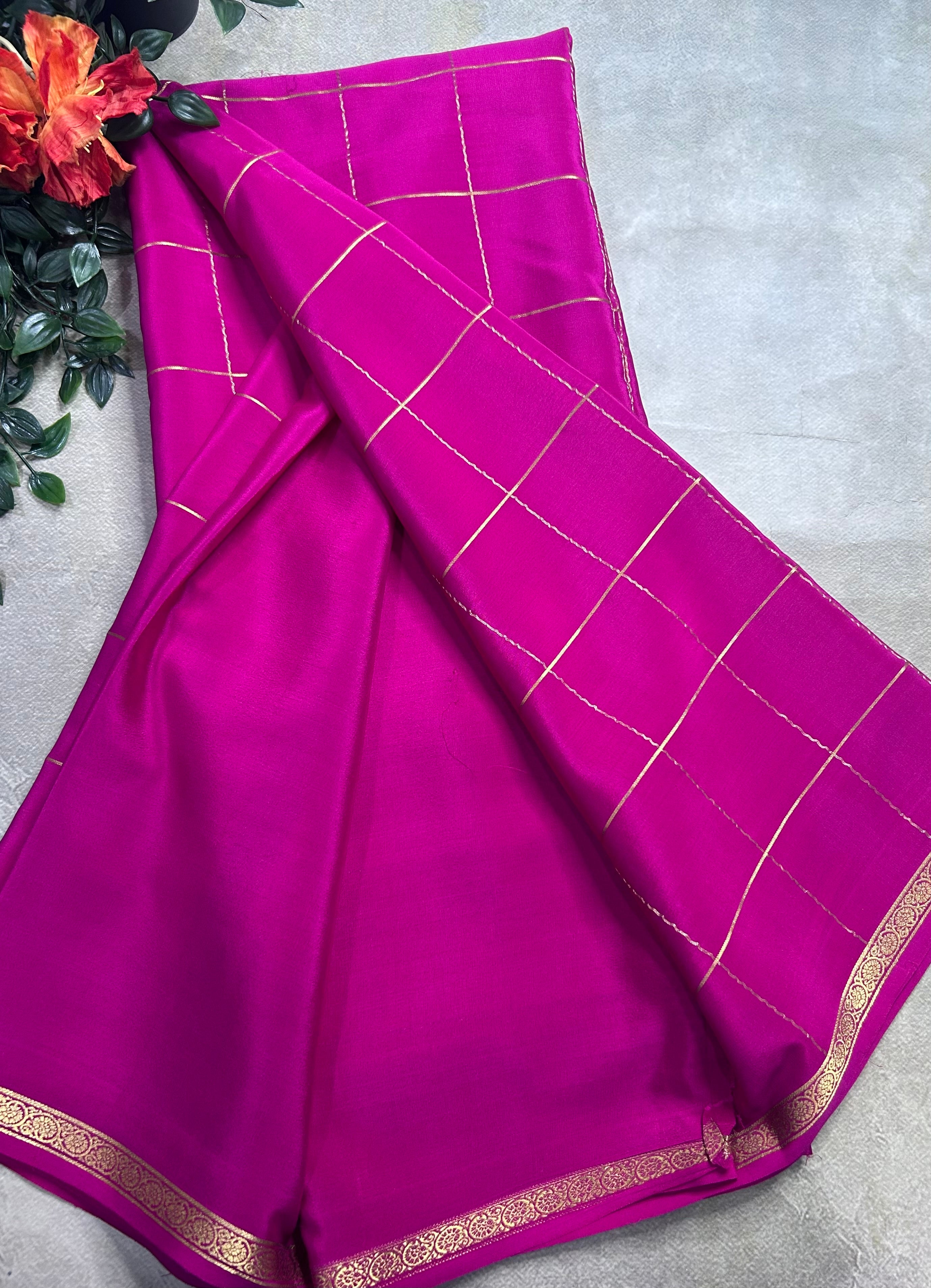 Rani pink big checks pure Mysore silk 106 saree
