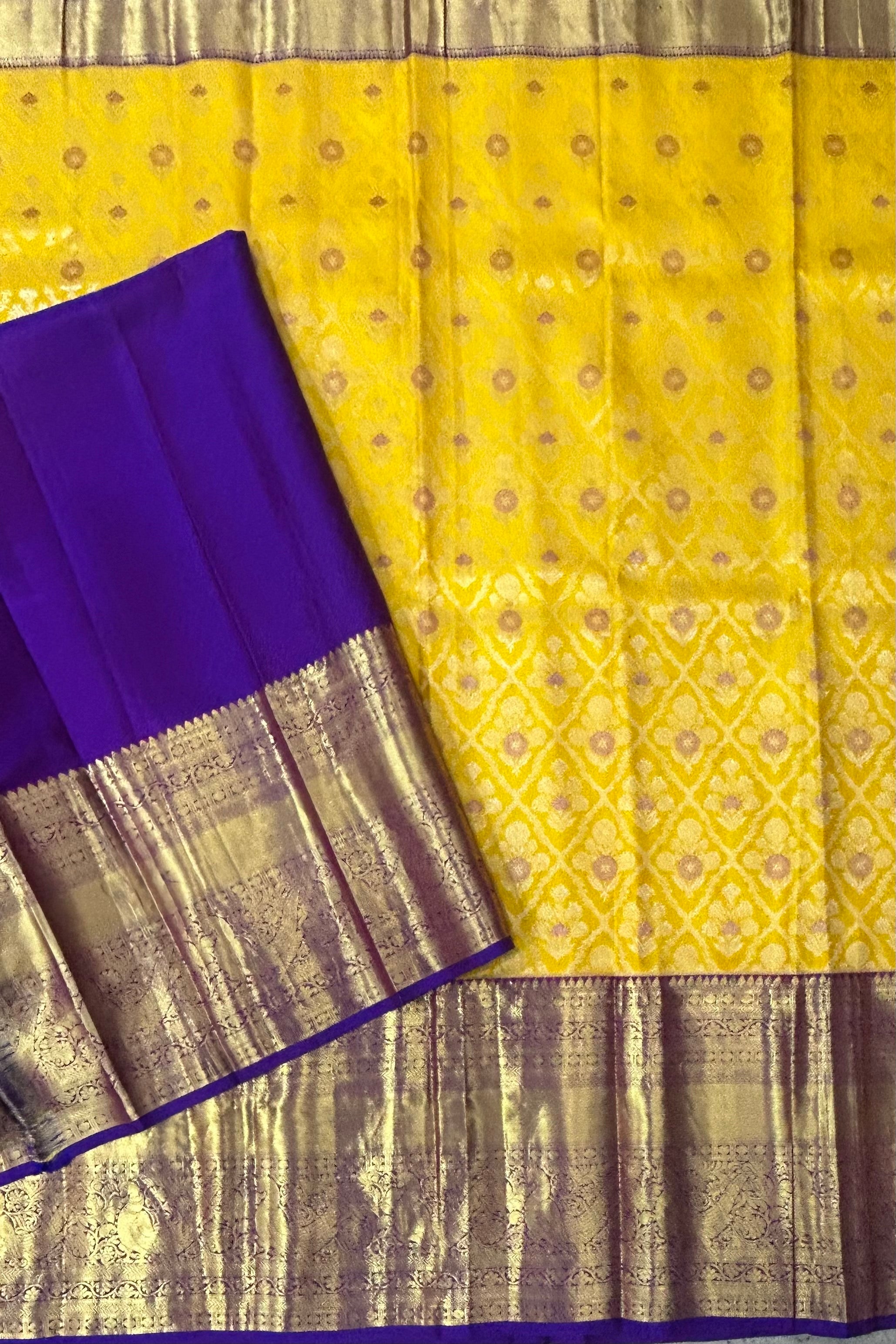 Yellow n purple brocade pure  Kanchipuram saree