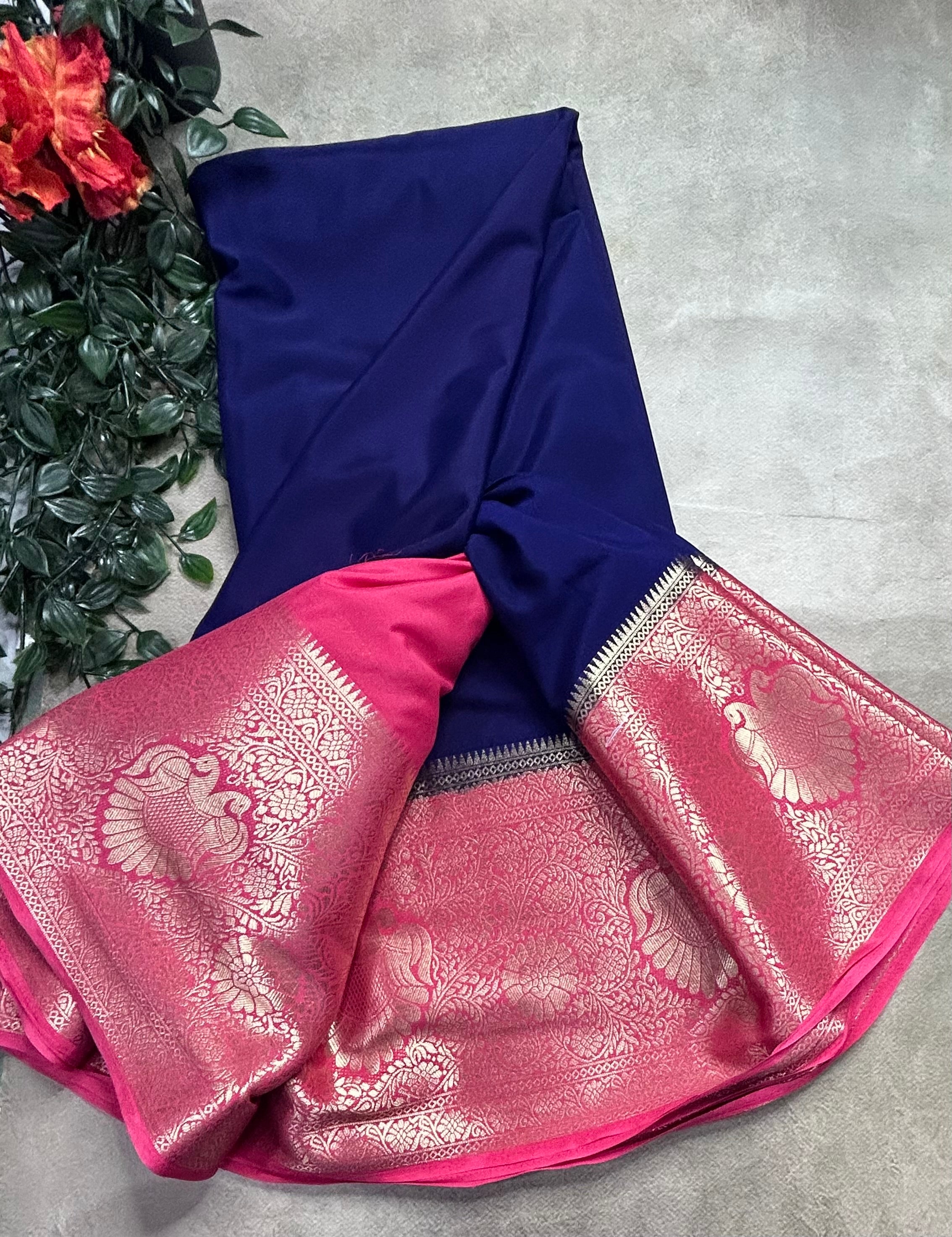 Navy blue contrast long border soft semi Mysore crepe 106 saree