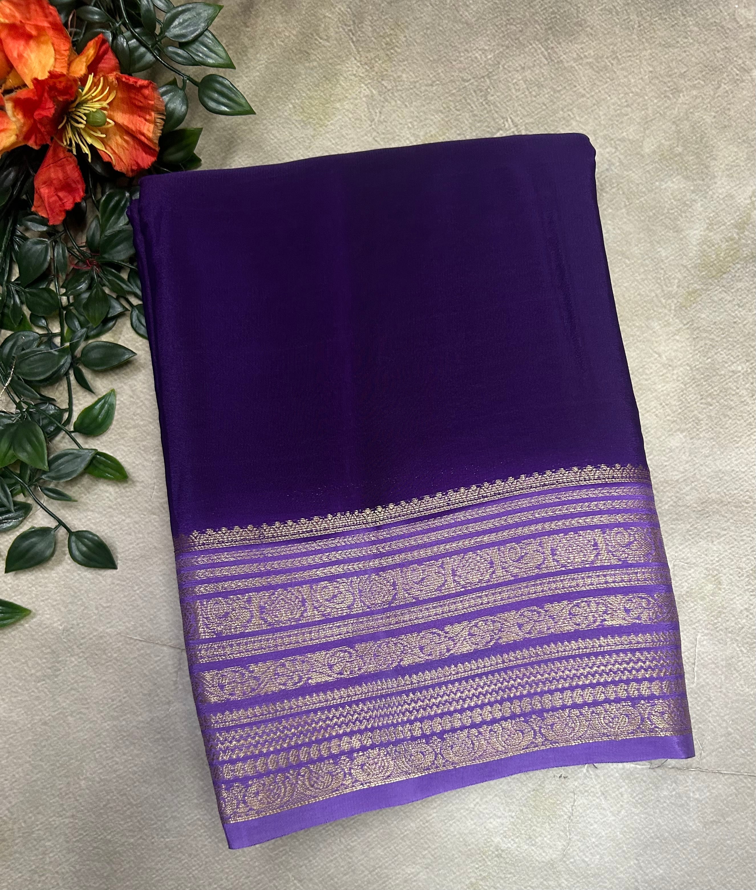 Purple n lilac plain semi Mysore crepe silk 105 saree