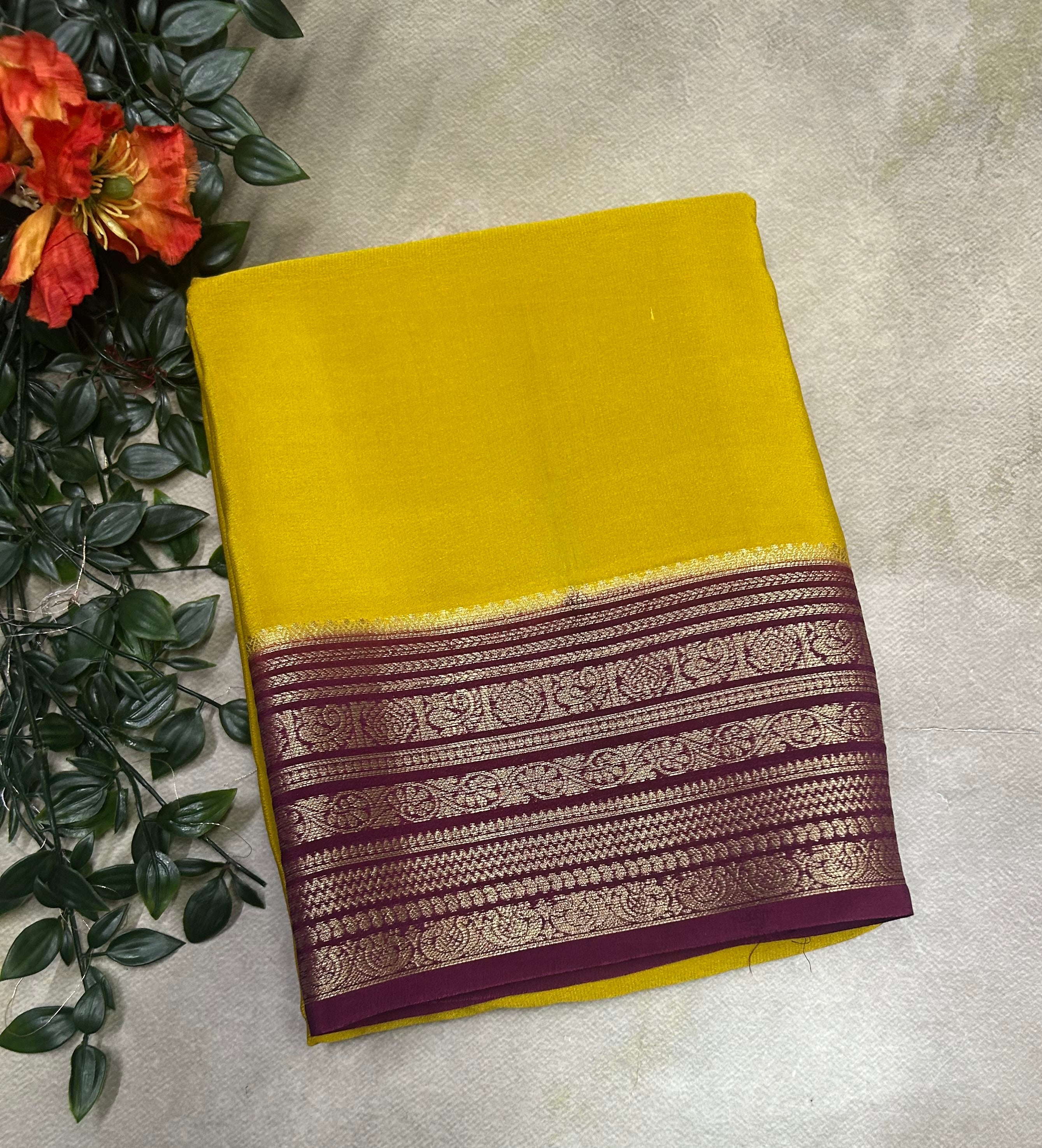 Mustard yellow n wine plain semi Mysore crepe silk 105 saree