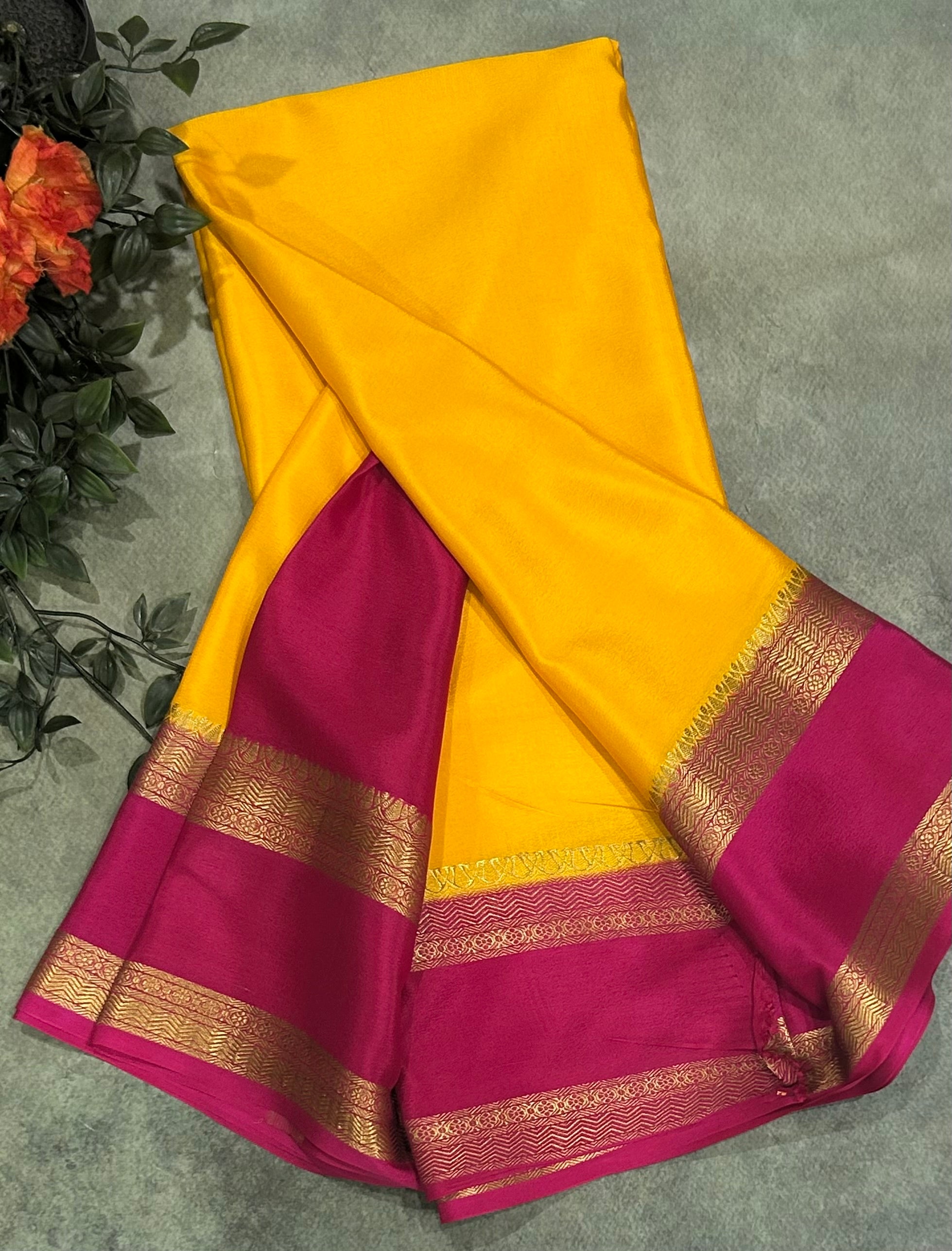 Yellow bentex border pure Mysore silk 104 saree