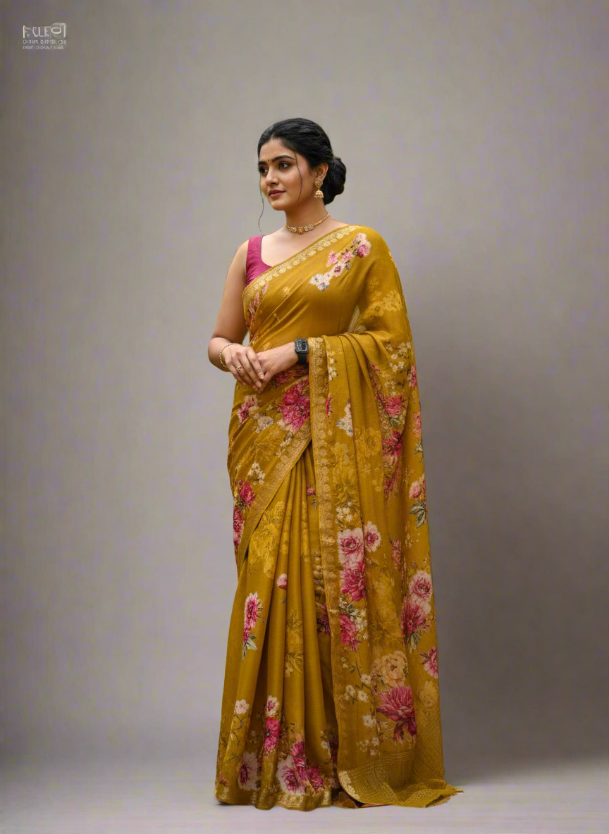 Bright Yellow Digital Print Chinon-09 Saree – Lightweight Designer Saree for Festive & Party Wear