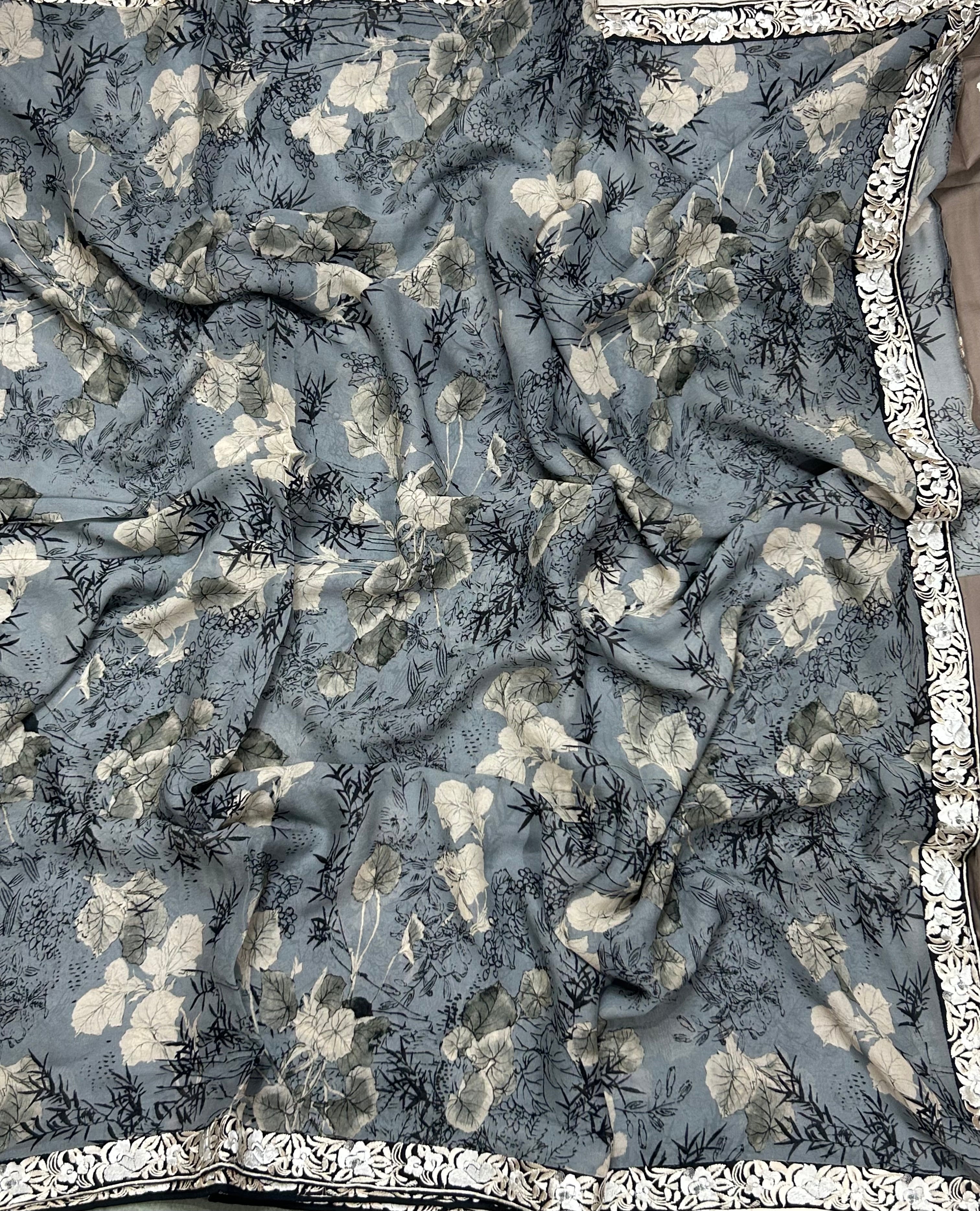 Dark grey digital printed border 104 chinnon saree