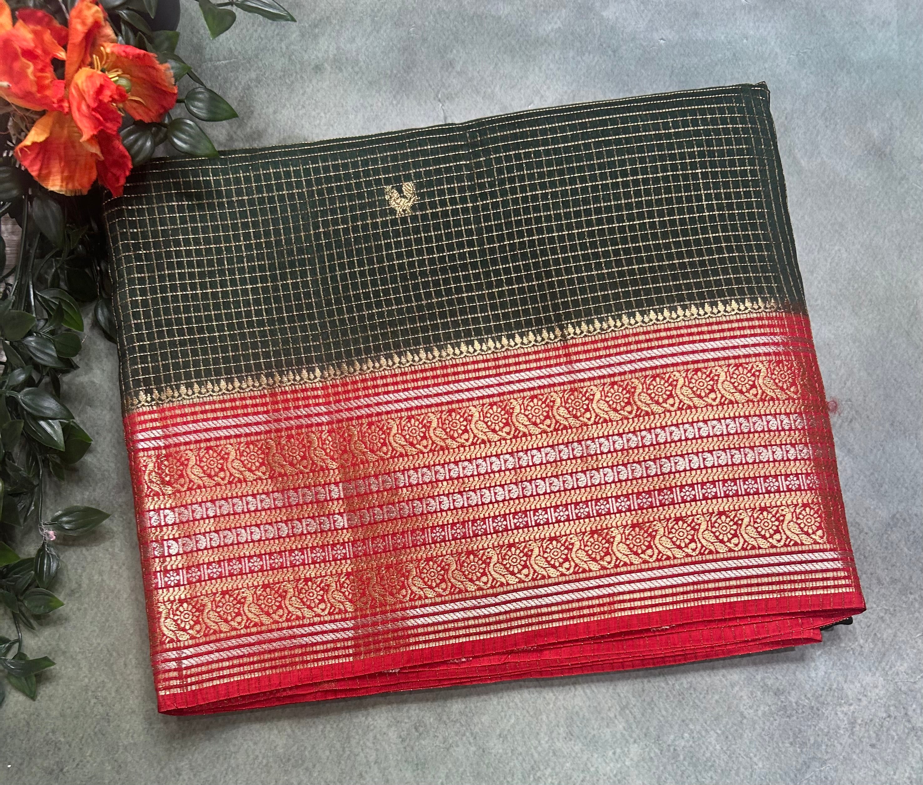 Bottle green small checks contrast semi Mysore crepe 105 saree