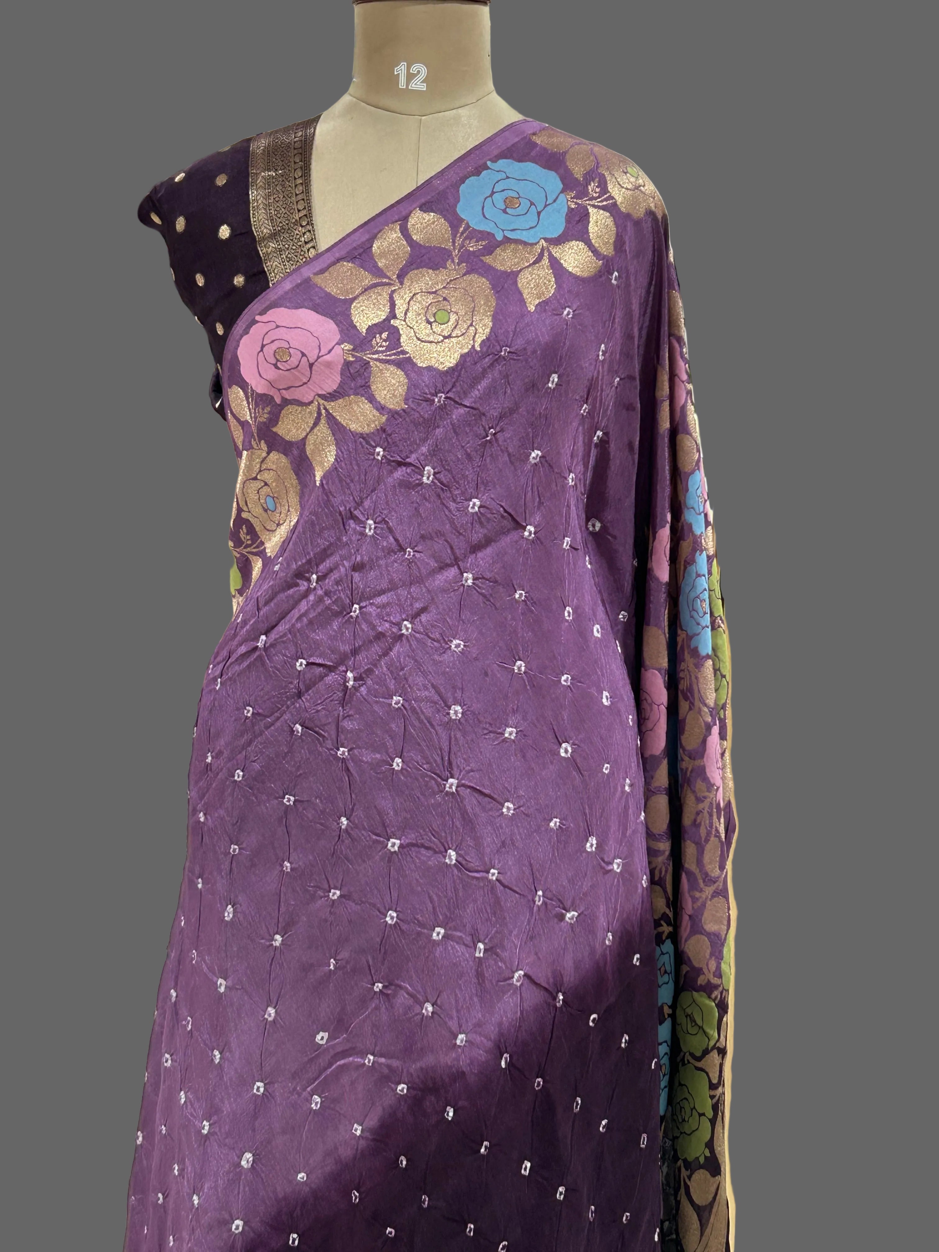 Lavender n purple half n half Bandhini dola crepe 104 saree