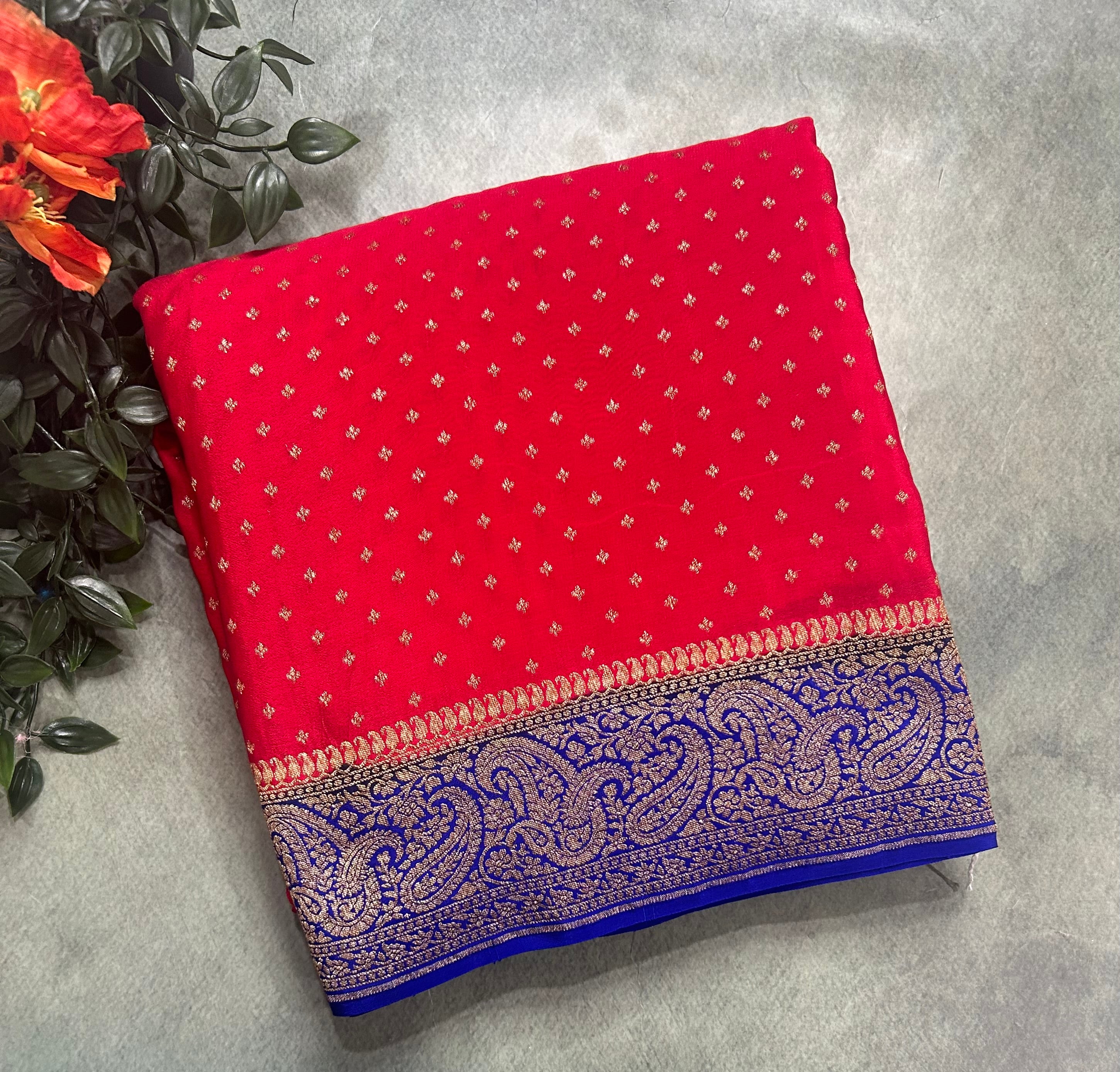 Red n royal blue small Butta pure Benarasi crepe 104 saree