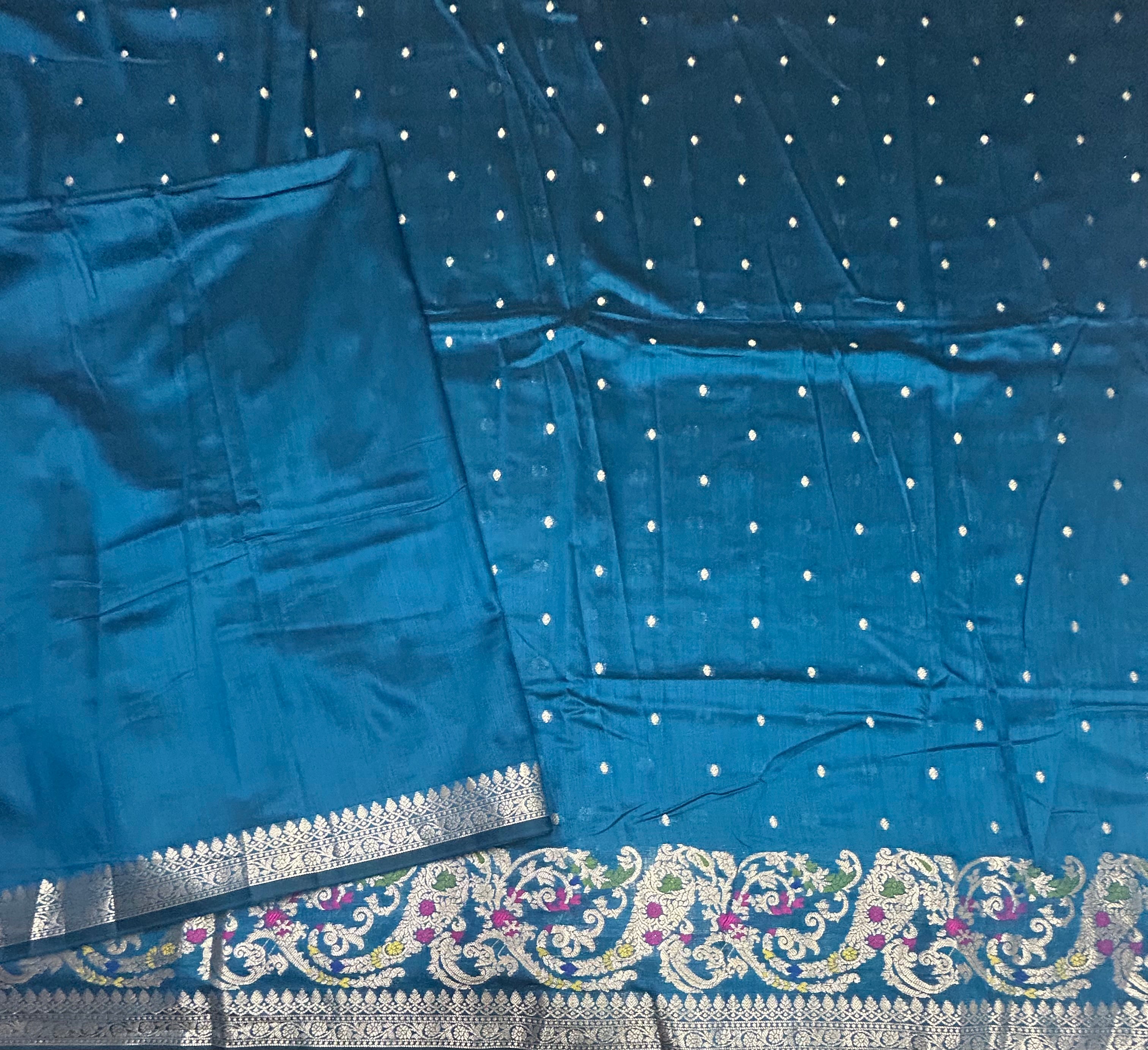 Peacock blue Meena border semi silk saree