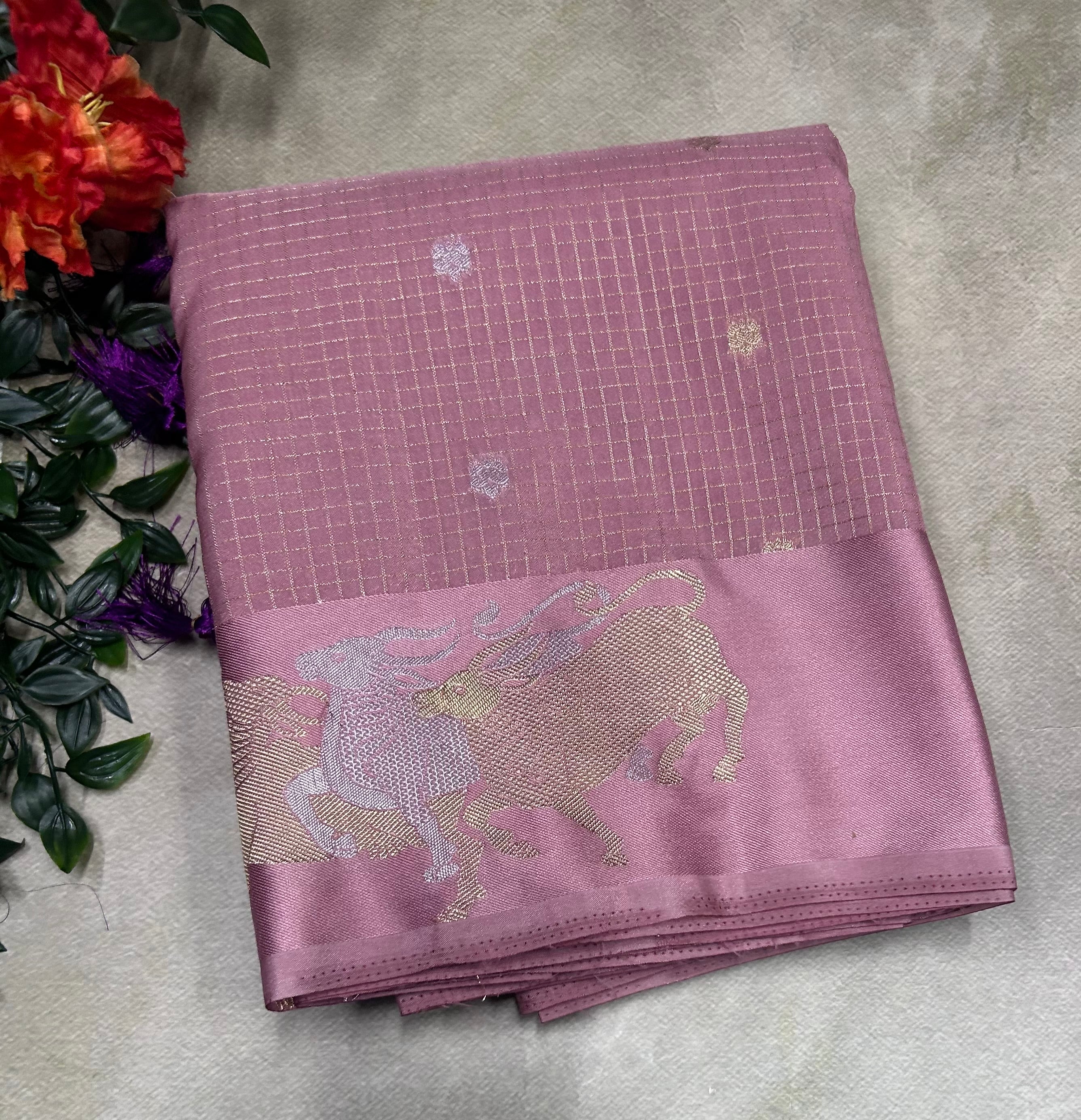 Pastel pink small checks semi Mysore crepe saree(SMC106)