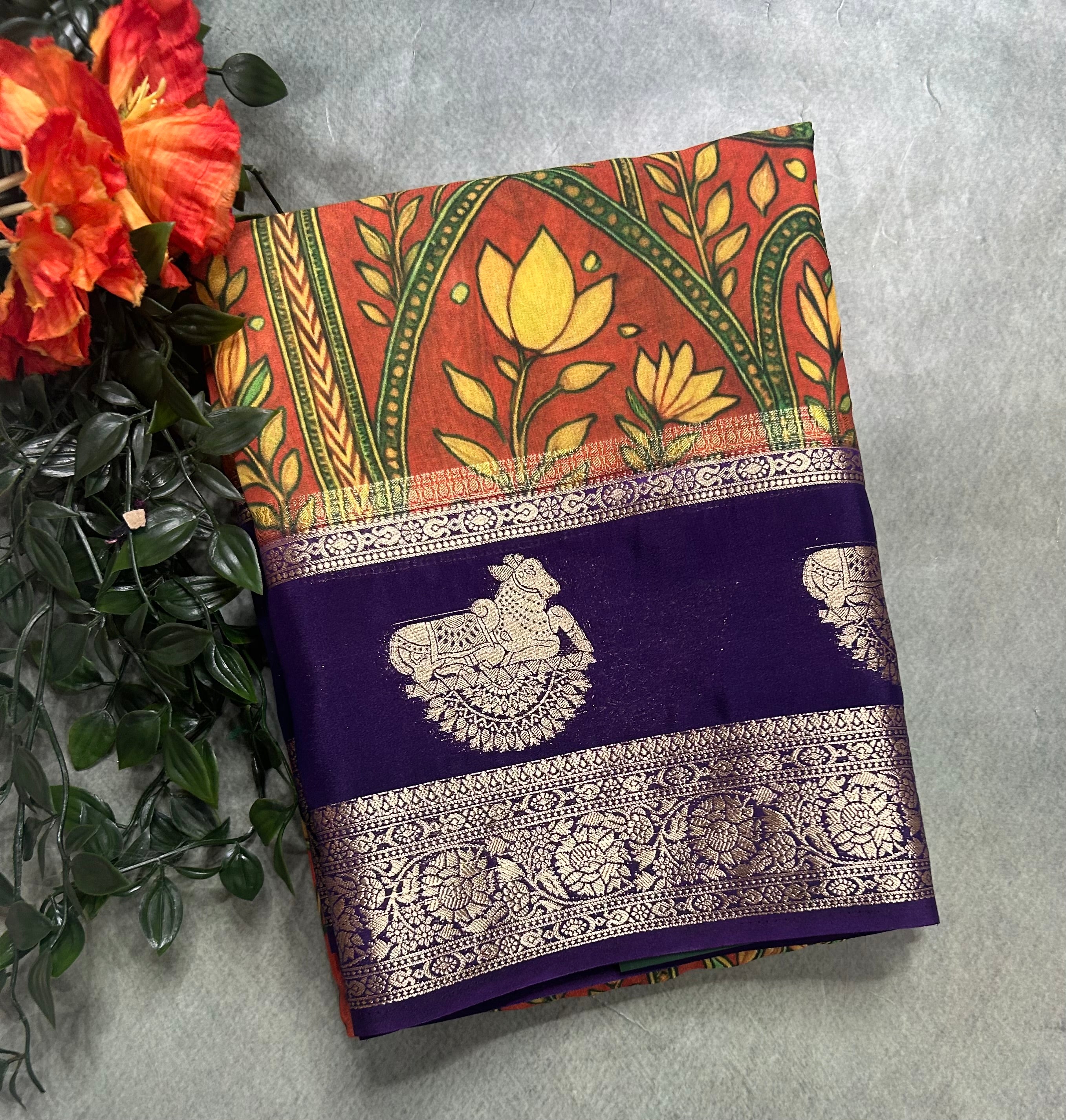 Multicolour bentex border printed semi Mysore 105 saree