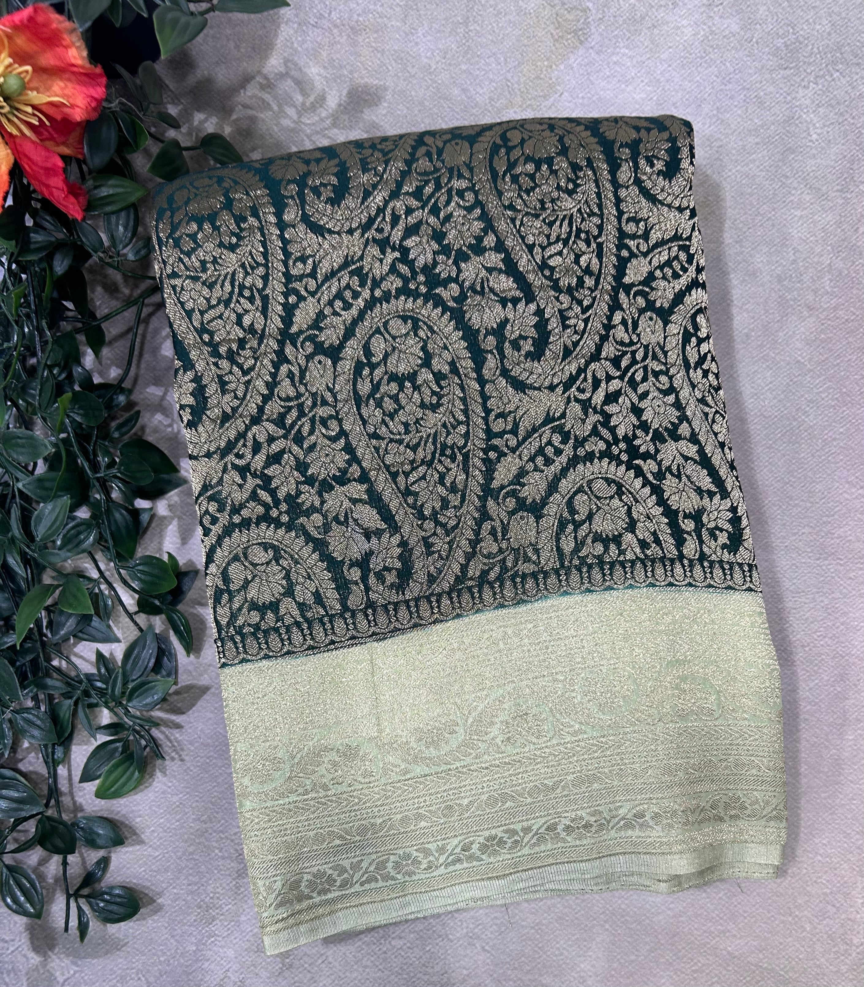 Bottle green brocade semi georgette 105 saree