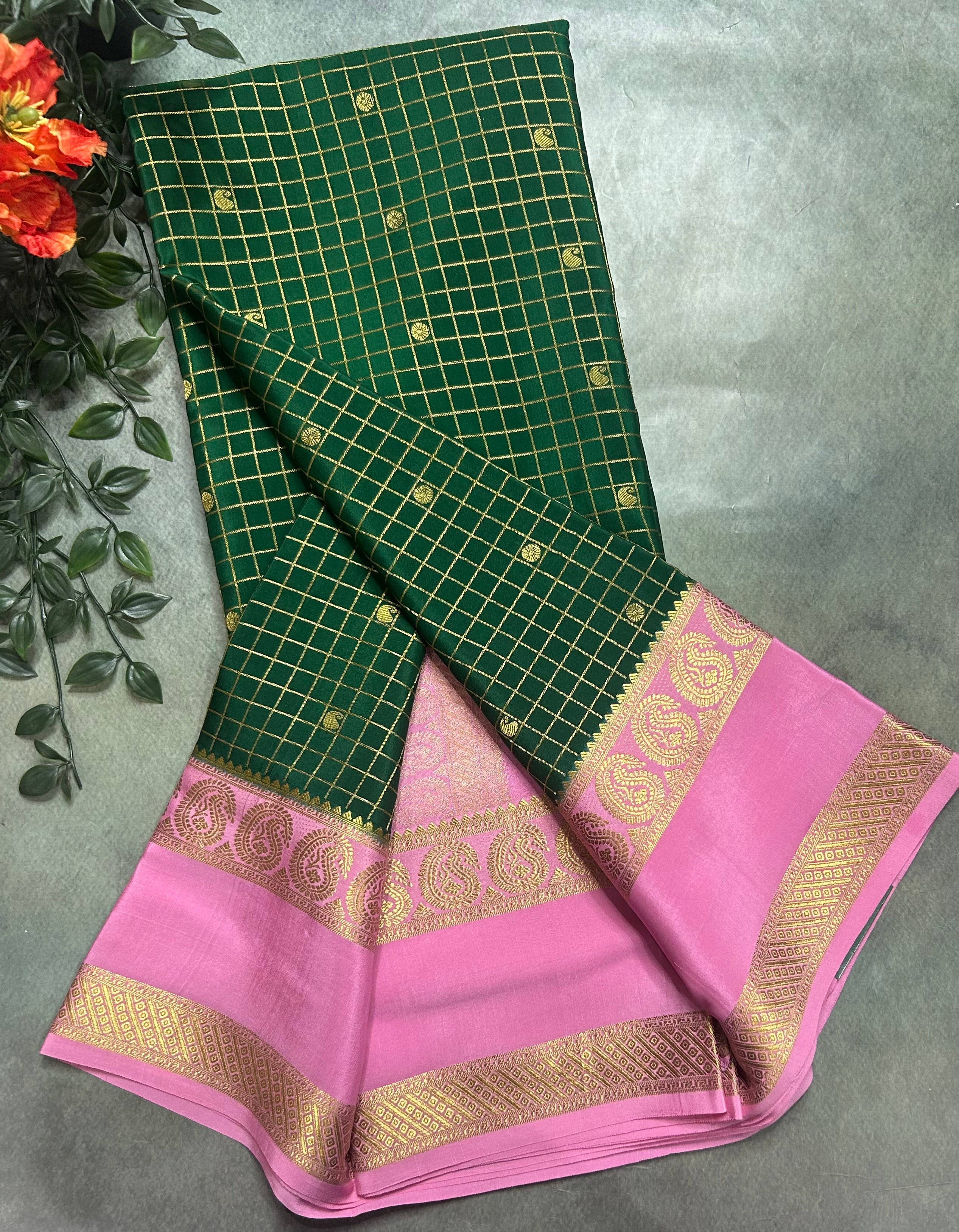 Bottle green small checks pure Mysore silk 105 saree