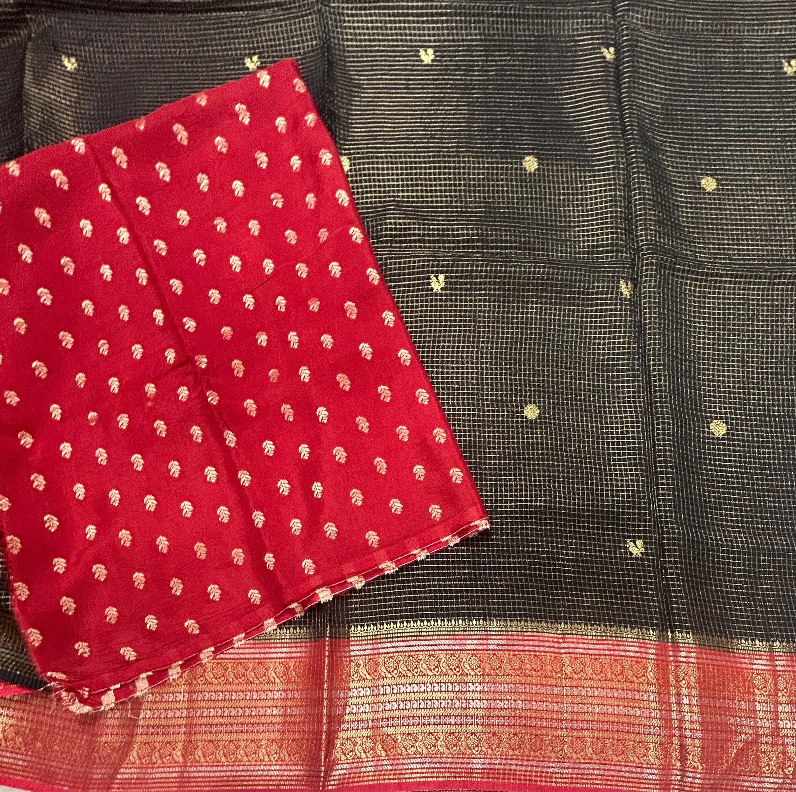 Black small checks contrast semi Mysore crepe 105 saree