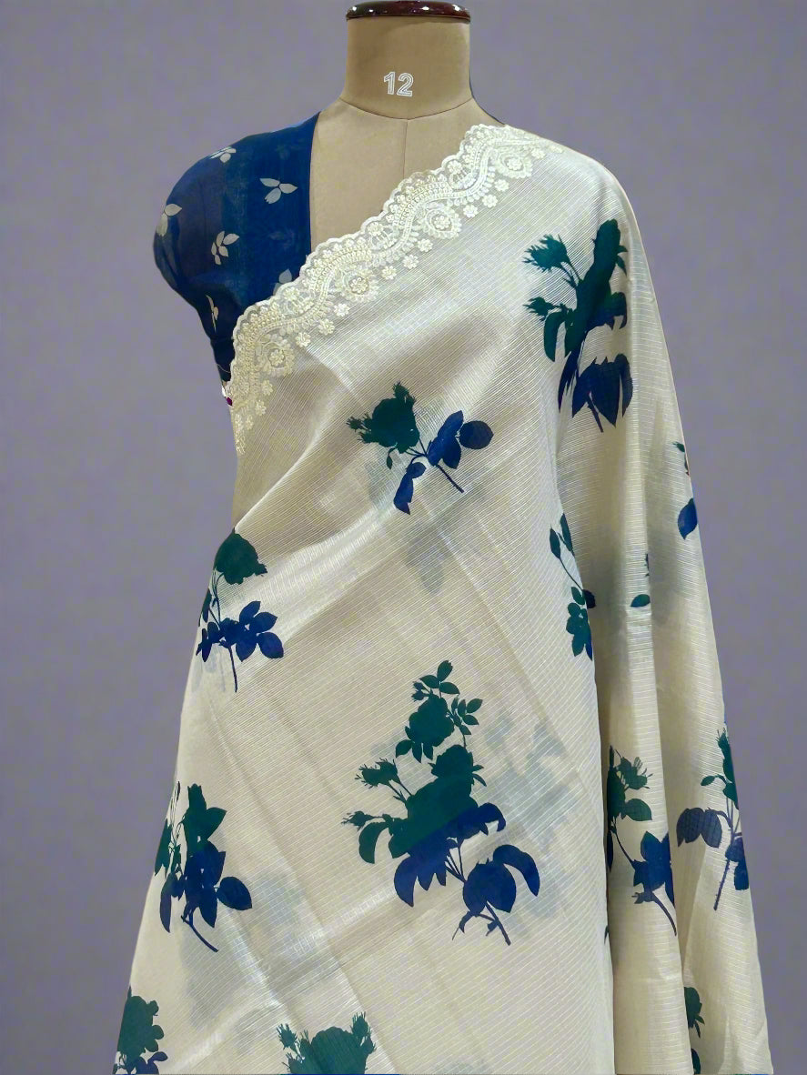 Cream floral digital print Kota checks 08 saree