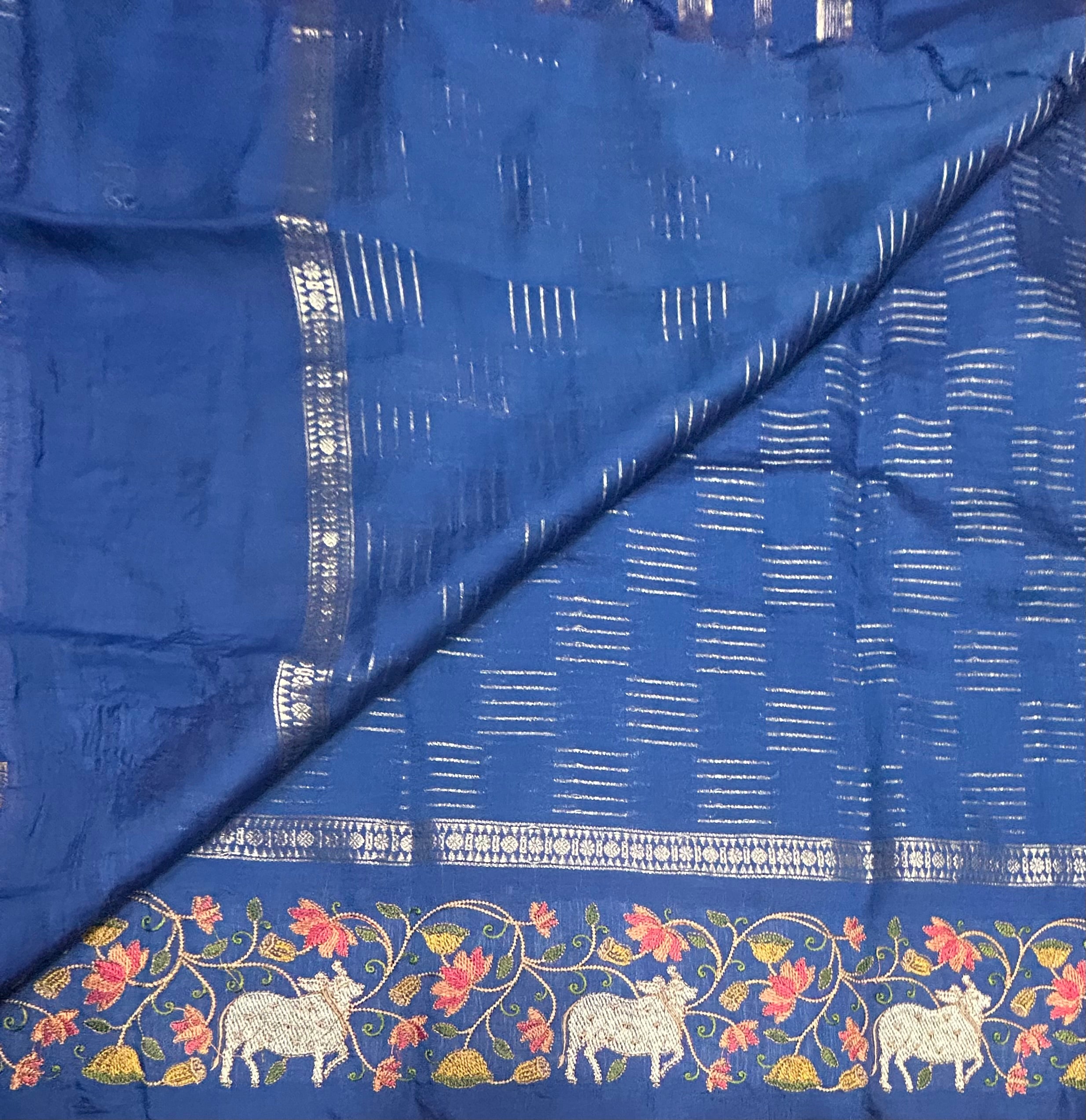 Navy Blue Pichwai embroidery Work soft Tussar crêpe Saree