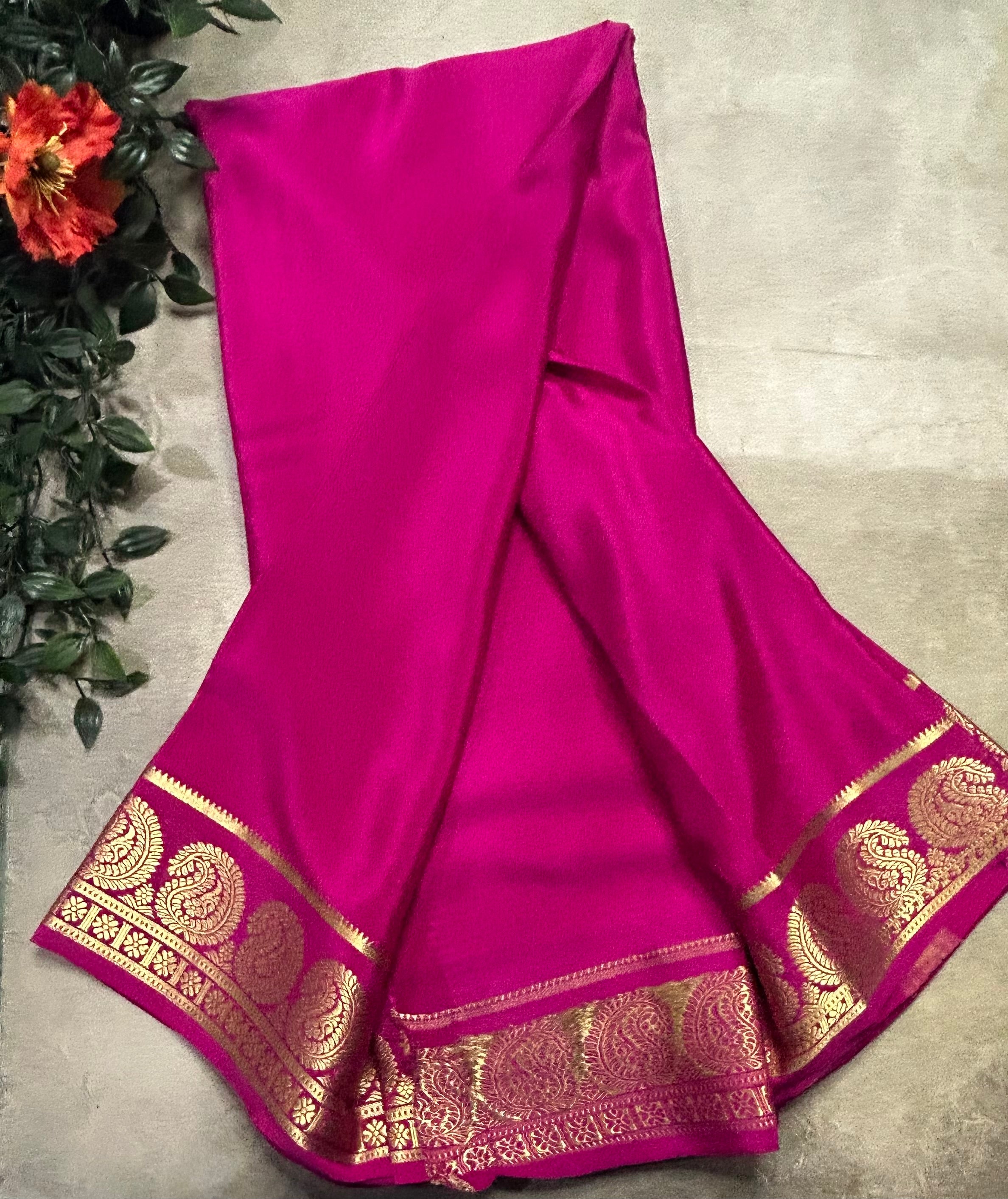Pink plain mango border pure Mysore silk 105 saree