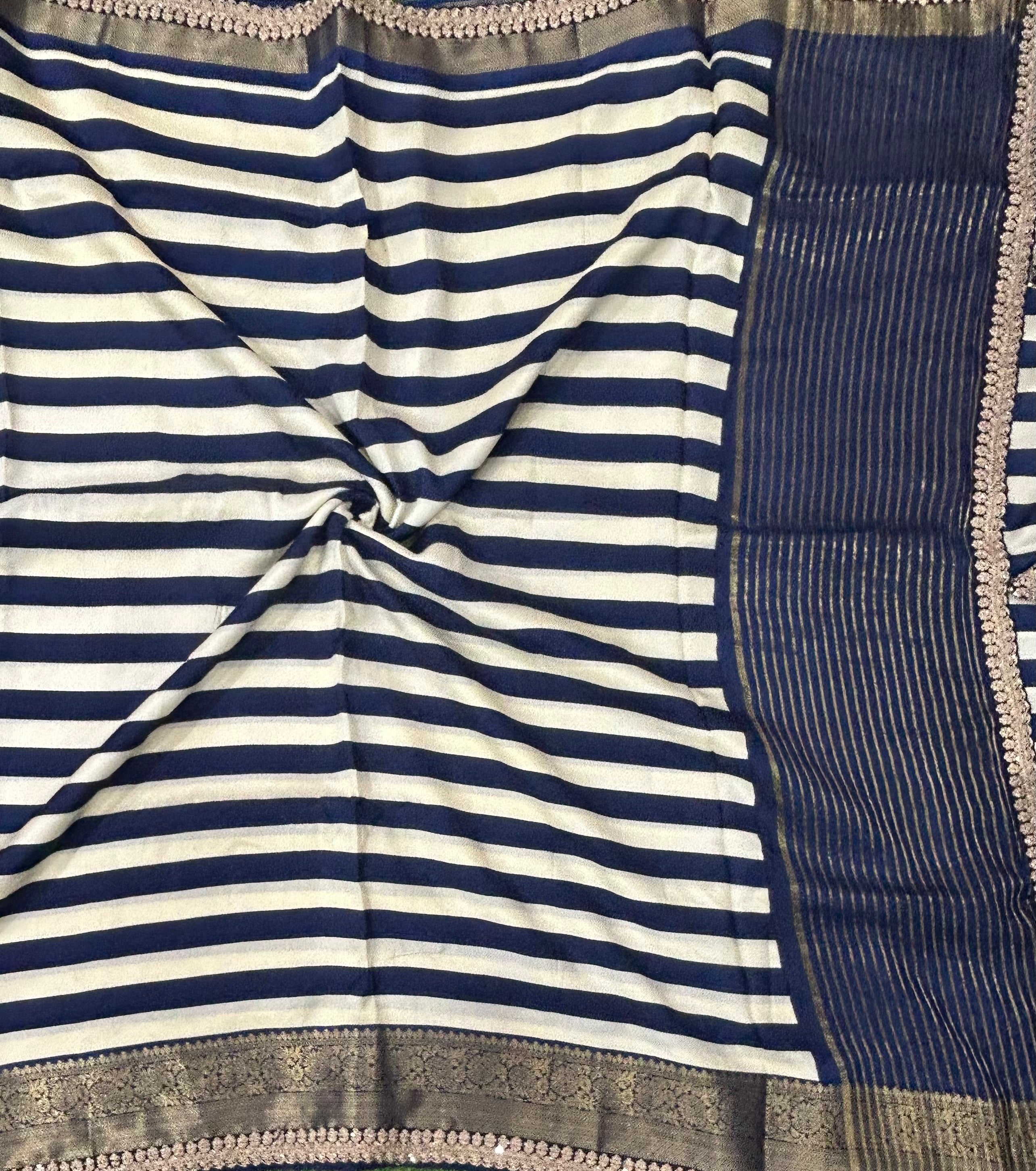 Blue stripes scallop dola crepe saree