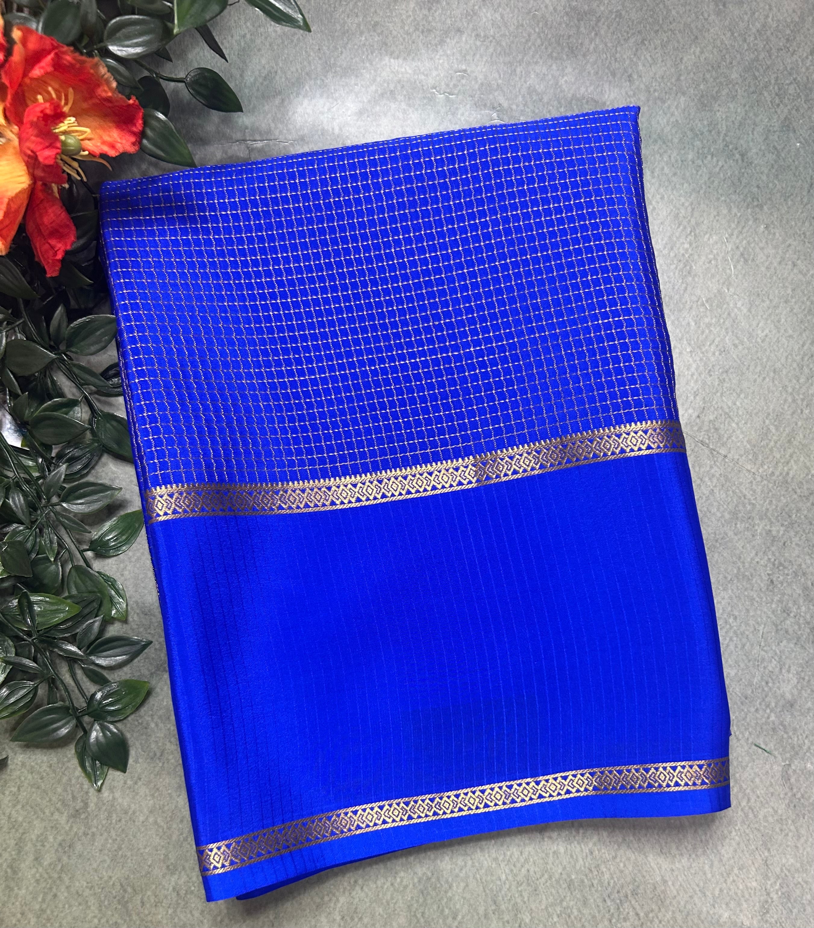 Royal blue small checks n bentex border pure Mysore silk 105 saree