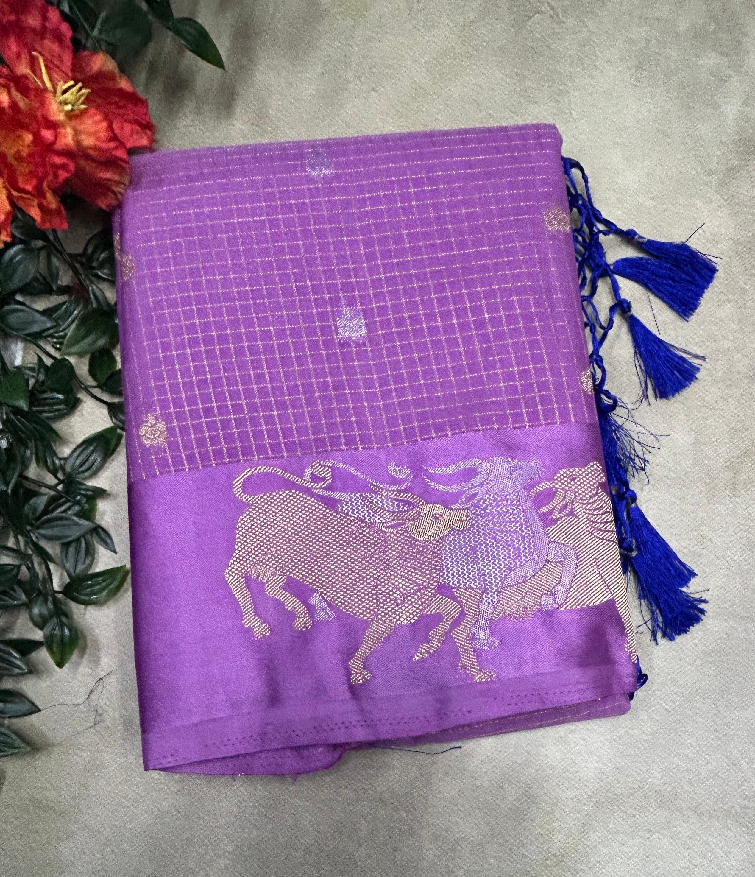 Light purple small checks semi Mysore crepe saree(SMC106)