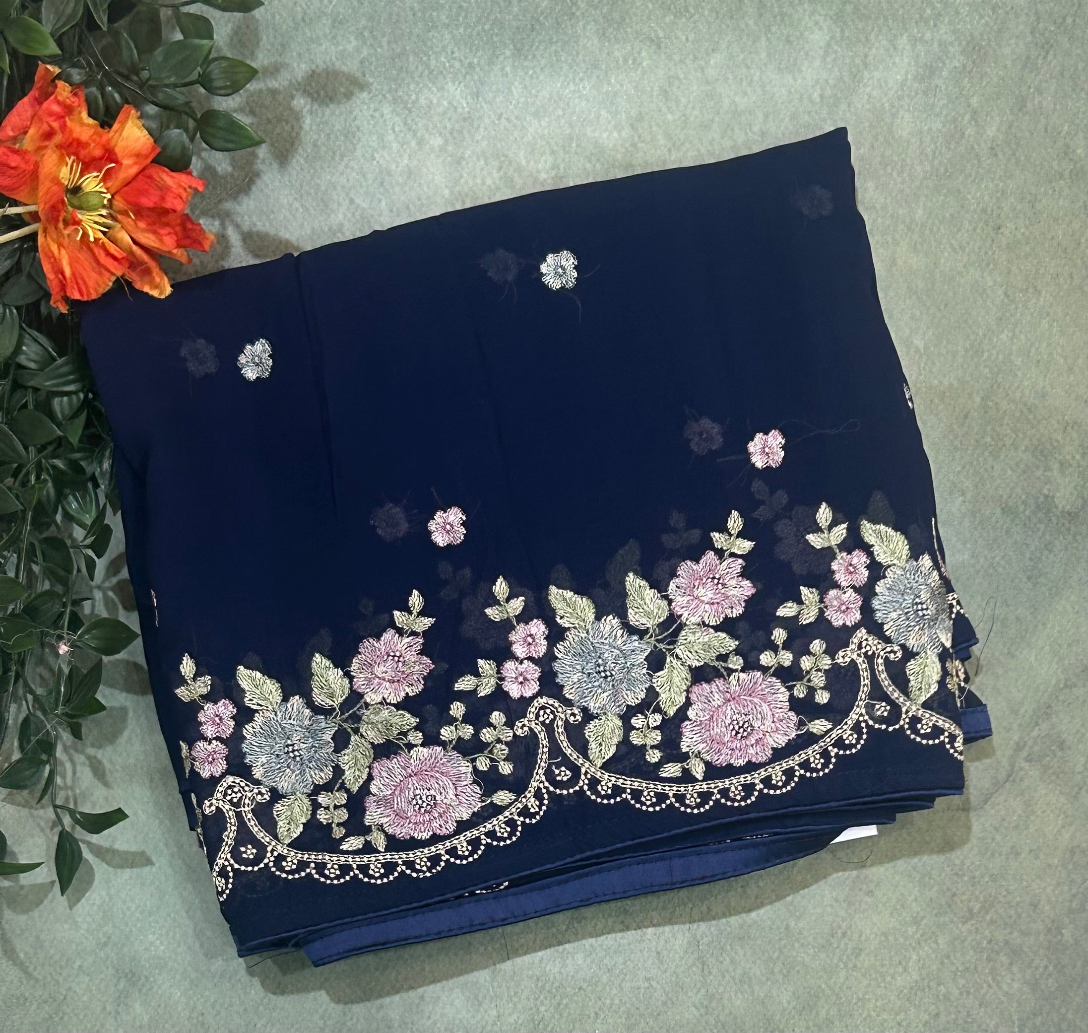 Navy blue digital printed border 104 chinnon saree