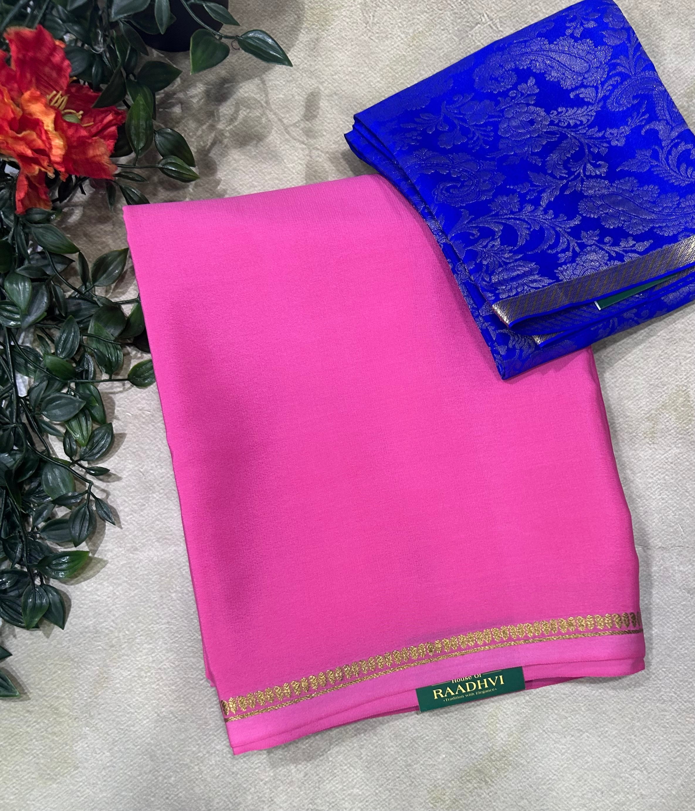 Pastel pink plain pure mysore crepe silk saree with Mysore brocade blouse piece(MSM106)