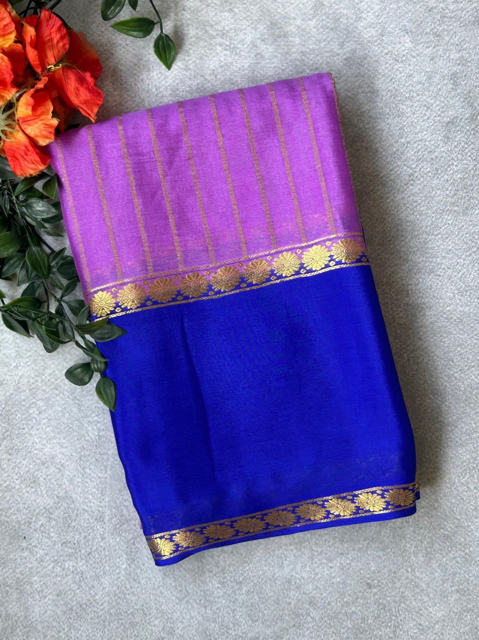 Lilac n blue pure wrinkle 103 crepe silk saree