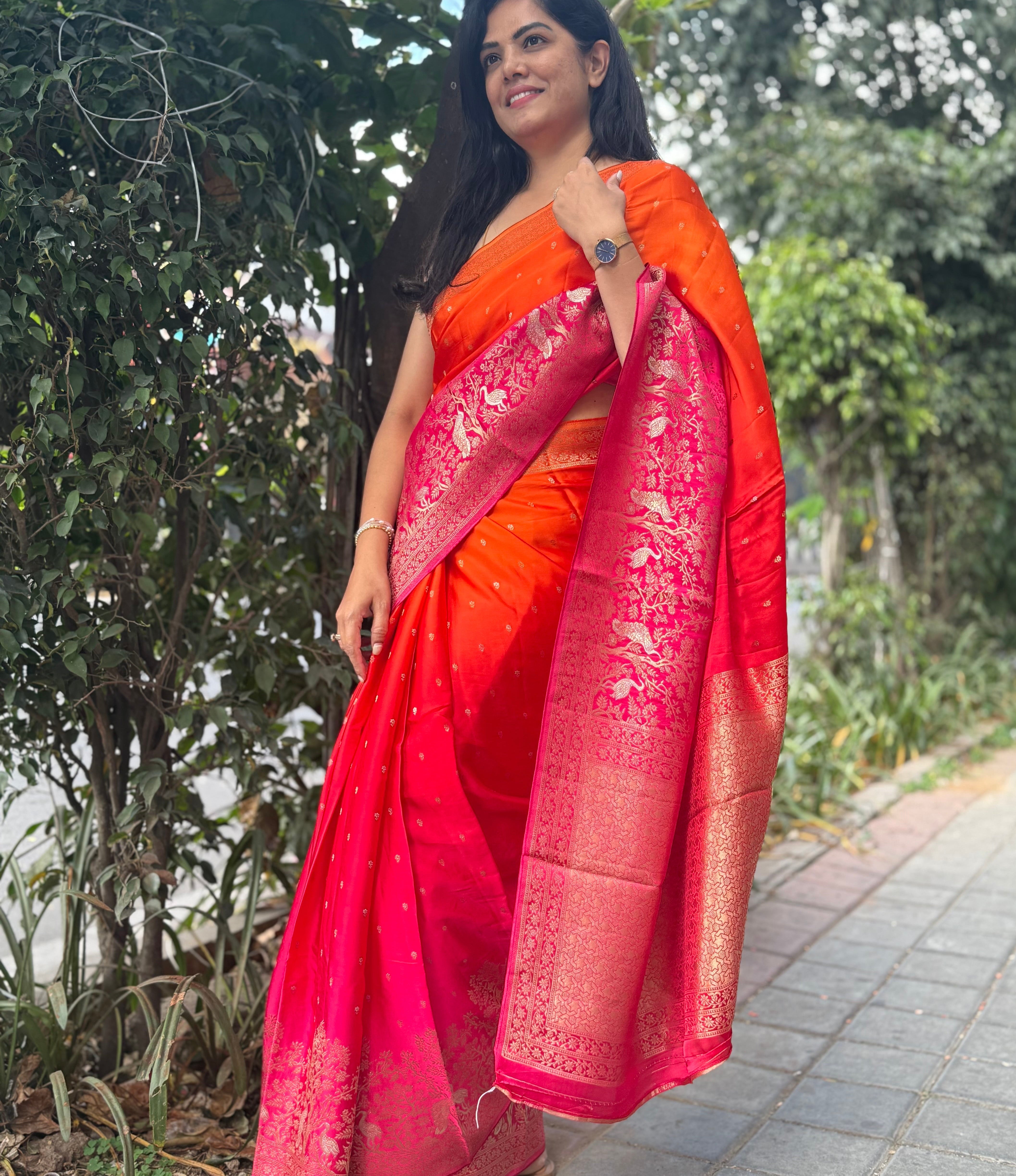 Orange pink mushru 11 satin crepe saree