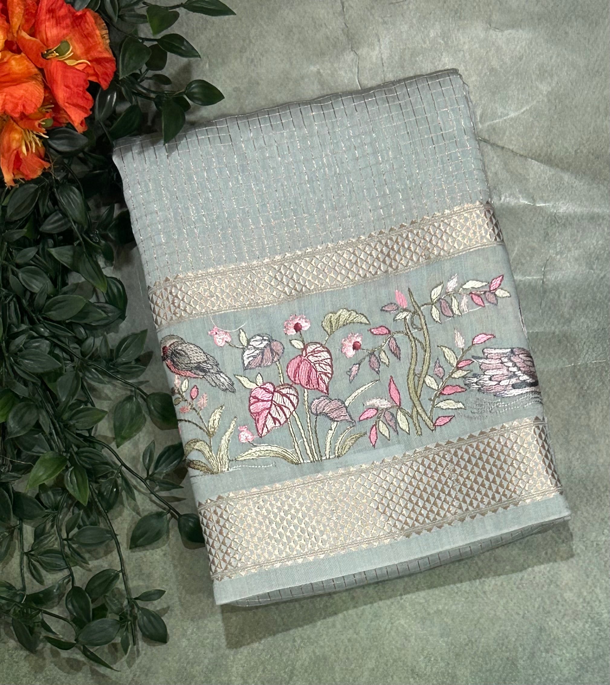 Pastel blue-2 checks embrodiery butta border soft tussar crepe 104 saree