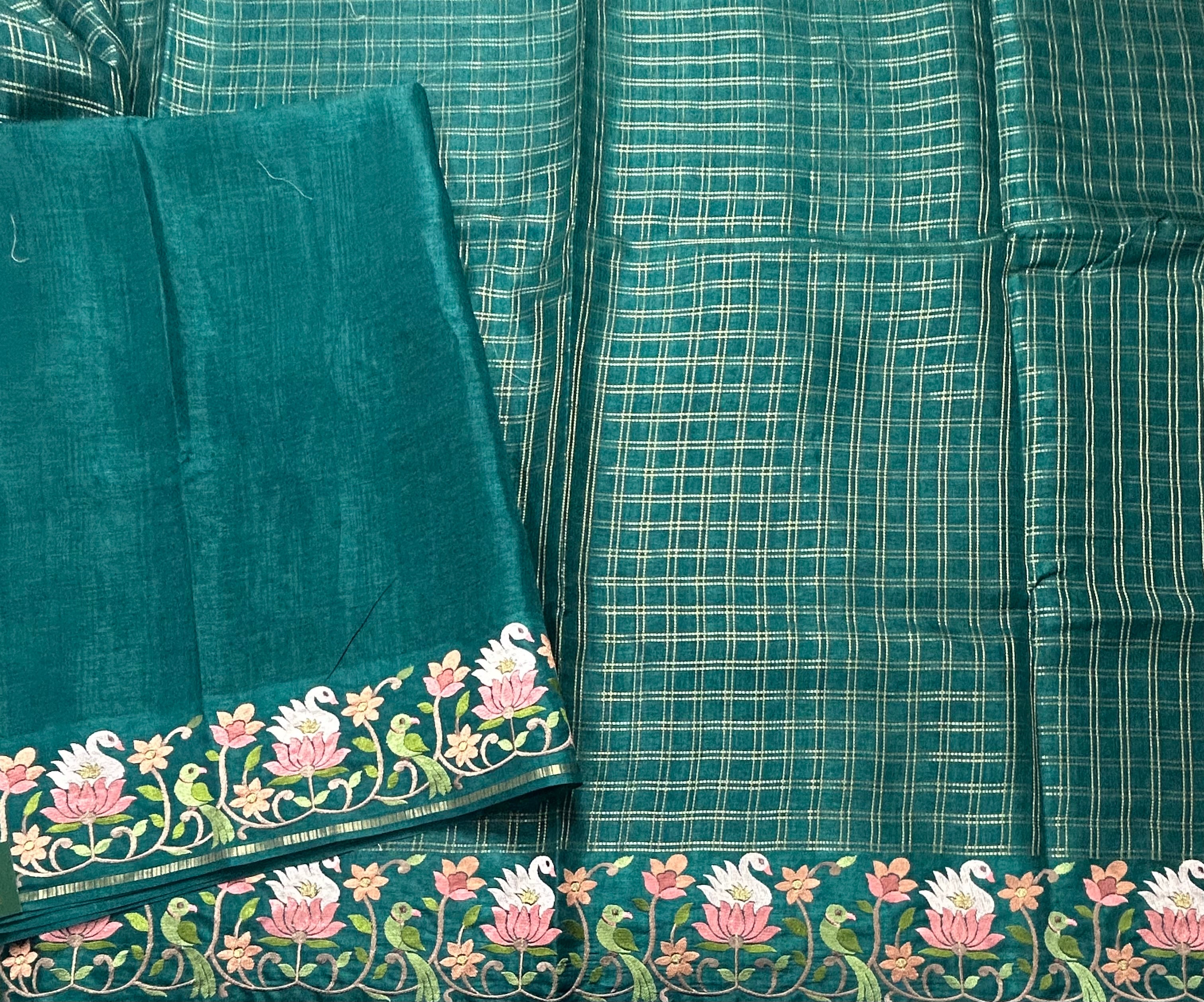 Dark Rama green checks embroidery border semi Tussar 105 saree
