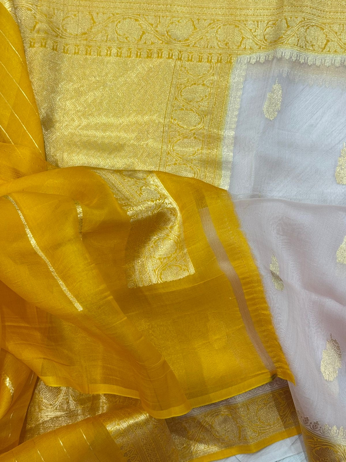 Peach n yellow pure kora organza 12 saree
