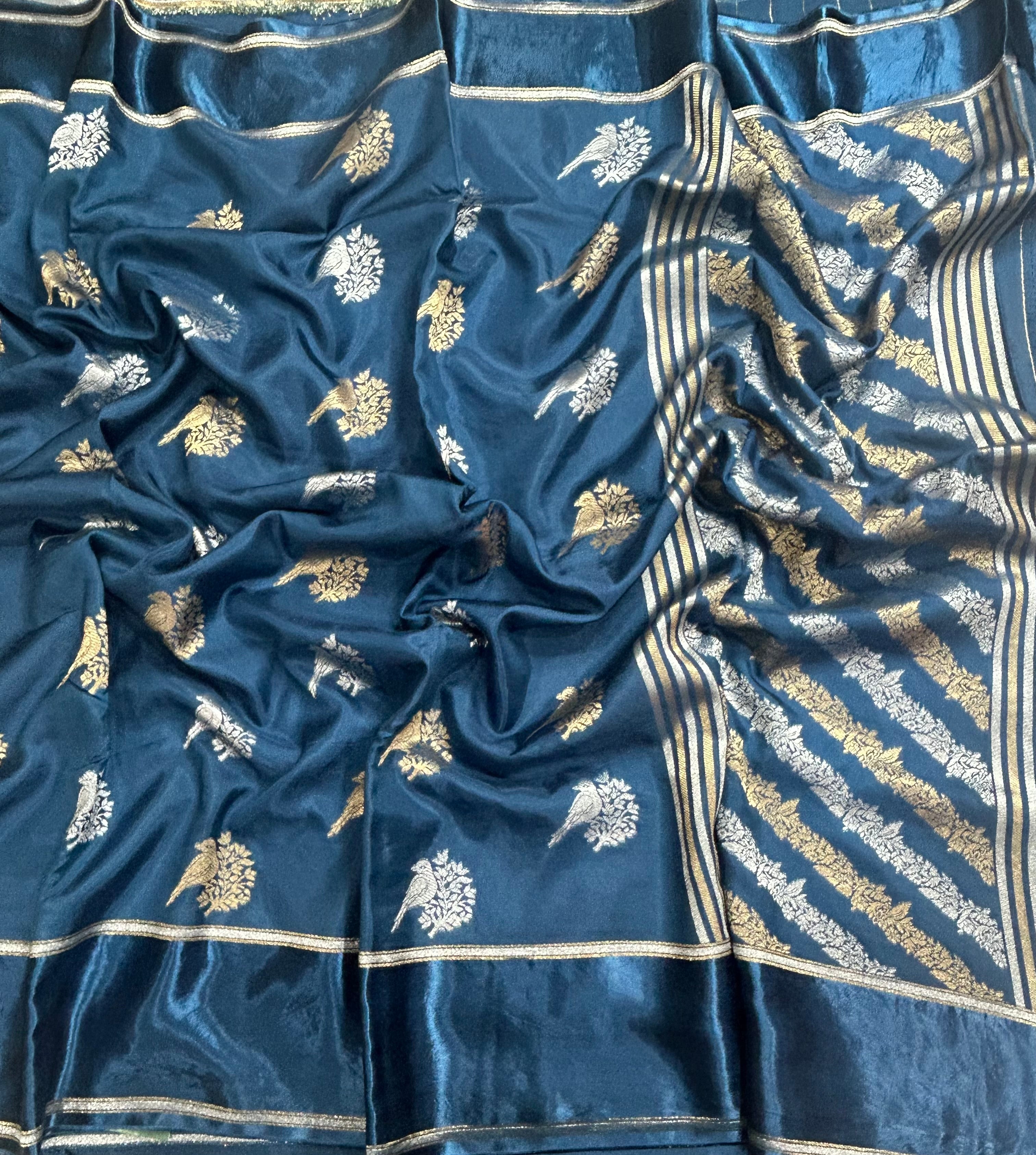Peacock blue satin border dola crepe 105 saree
