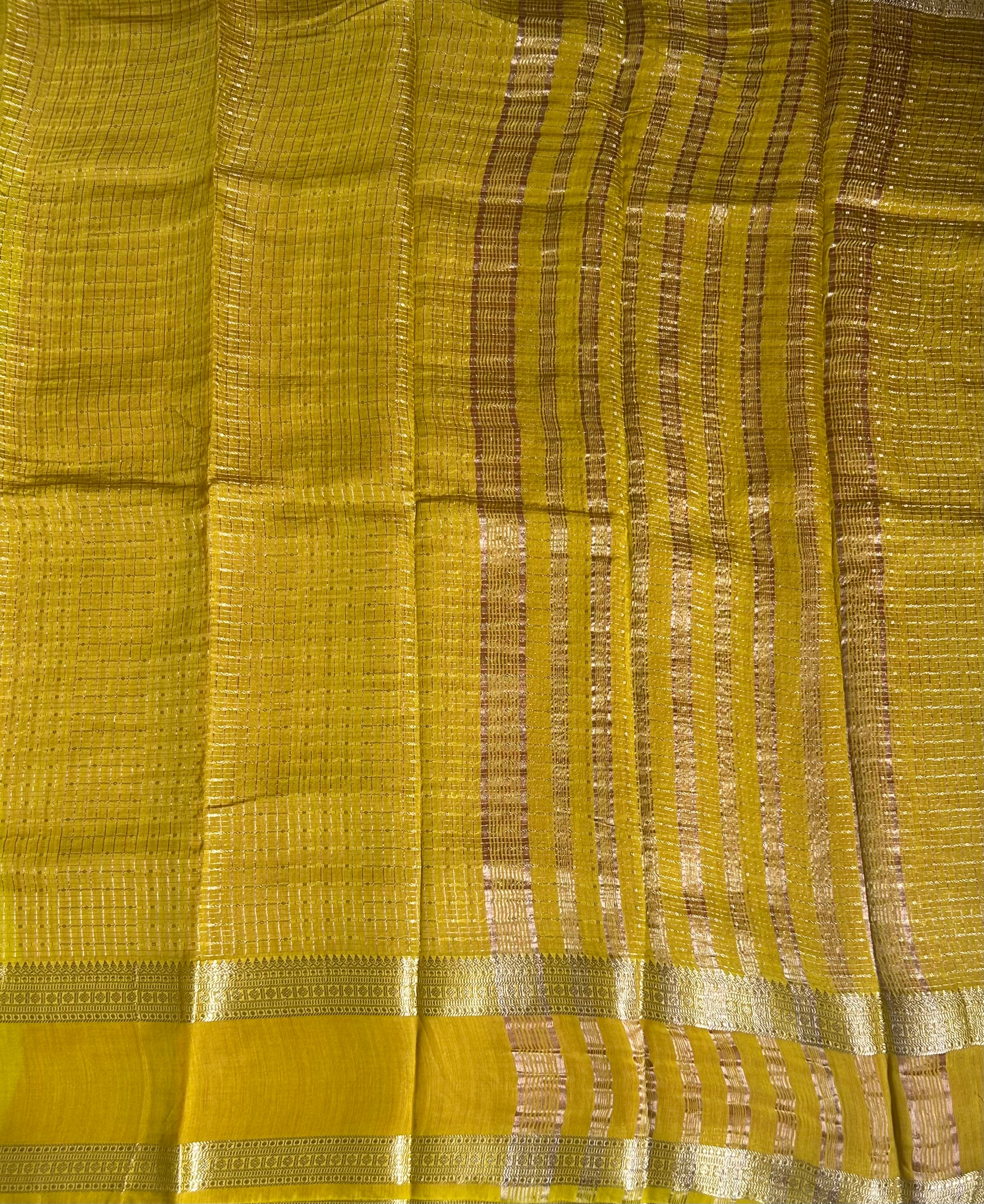 Neon yellow small checks soft Tussar 03 crepe saree