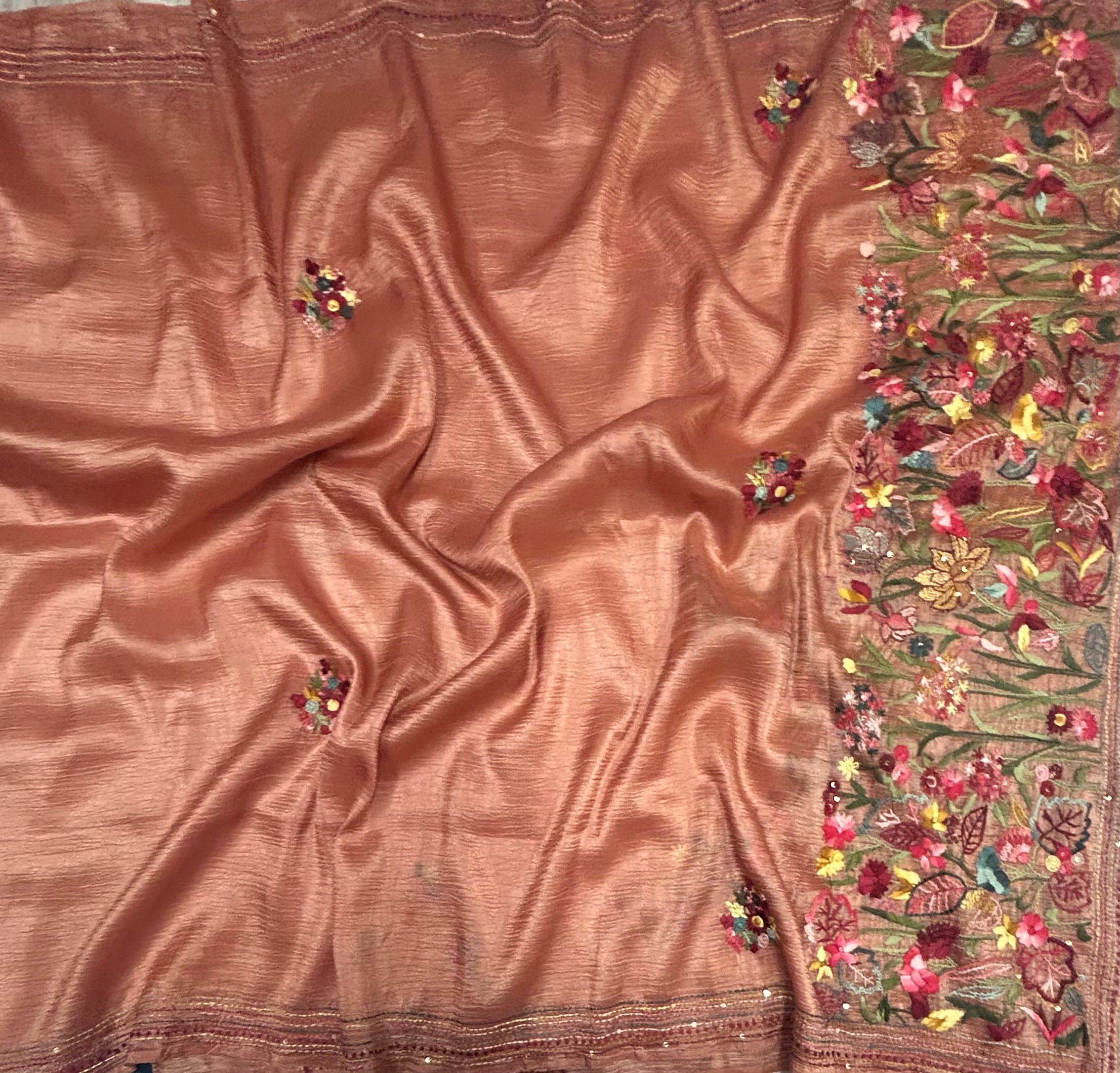 Pastel pink embroidery work crushTissue saree