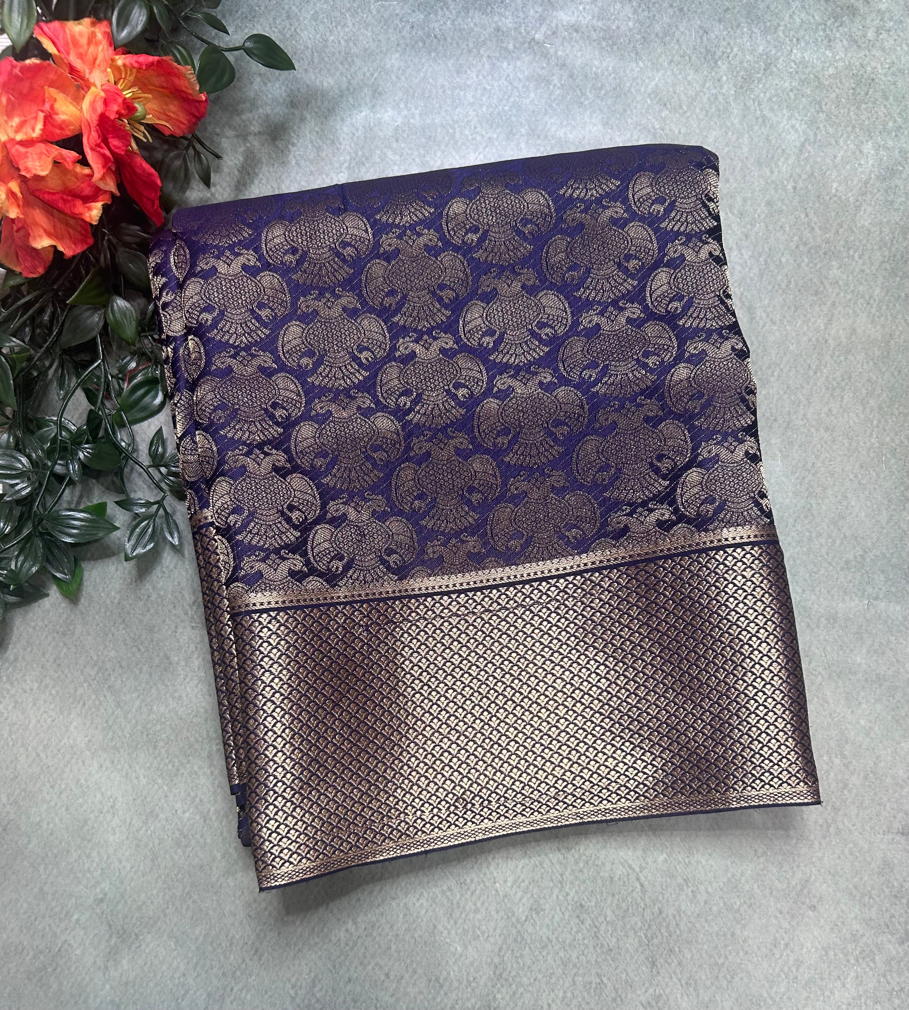 Navy blue gandaberunda brocade Pure Mysore Silk 106 Saree