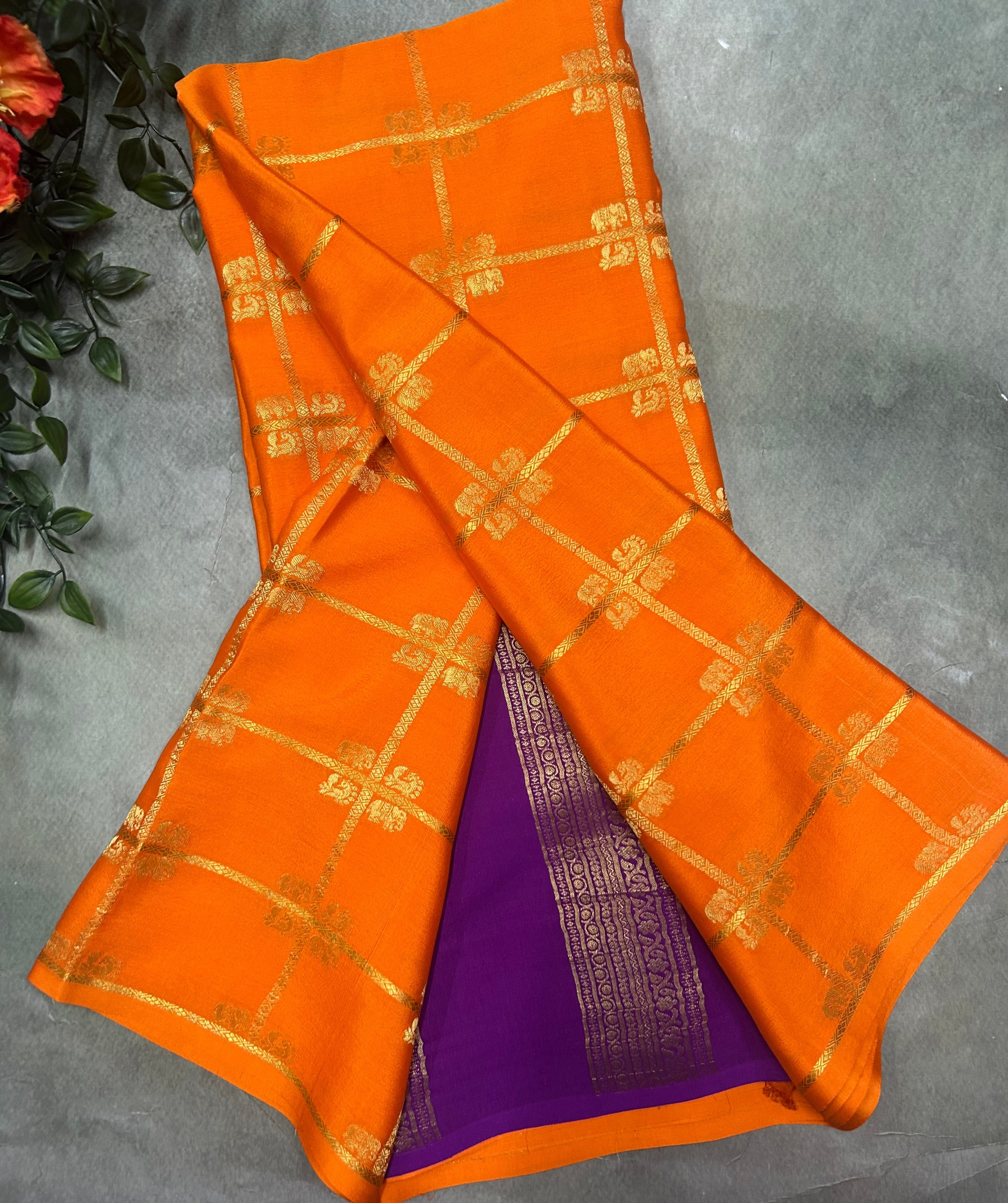 Orange contrast ST checks borderless pure mysore silk-105 saree