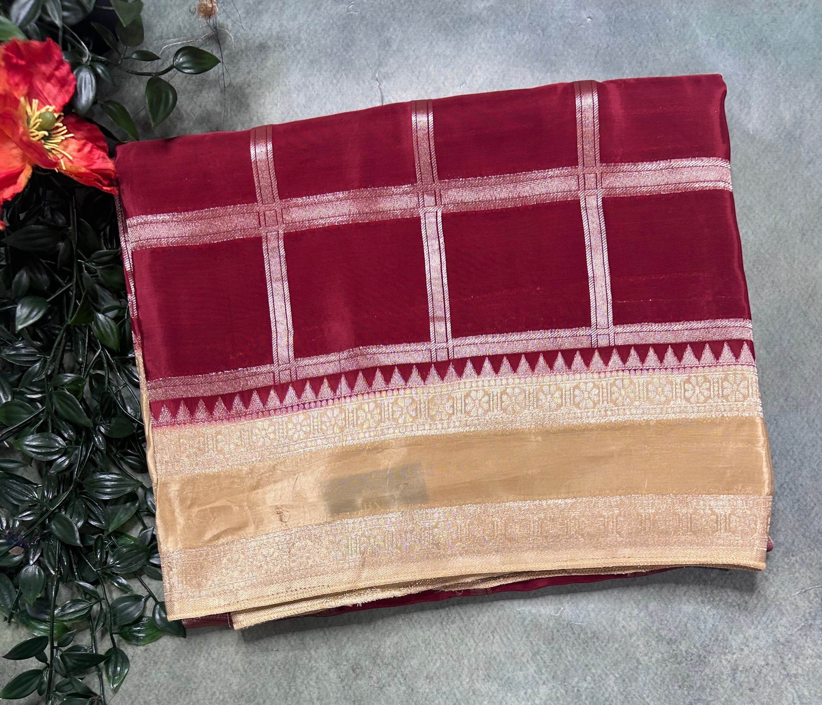 Rust orange checks n bentex border semi crepe 106 saree