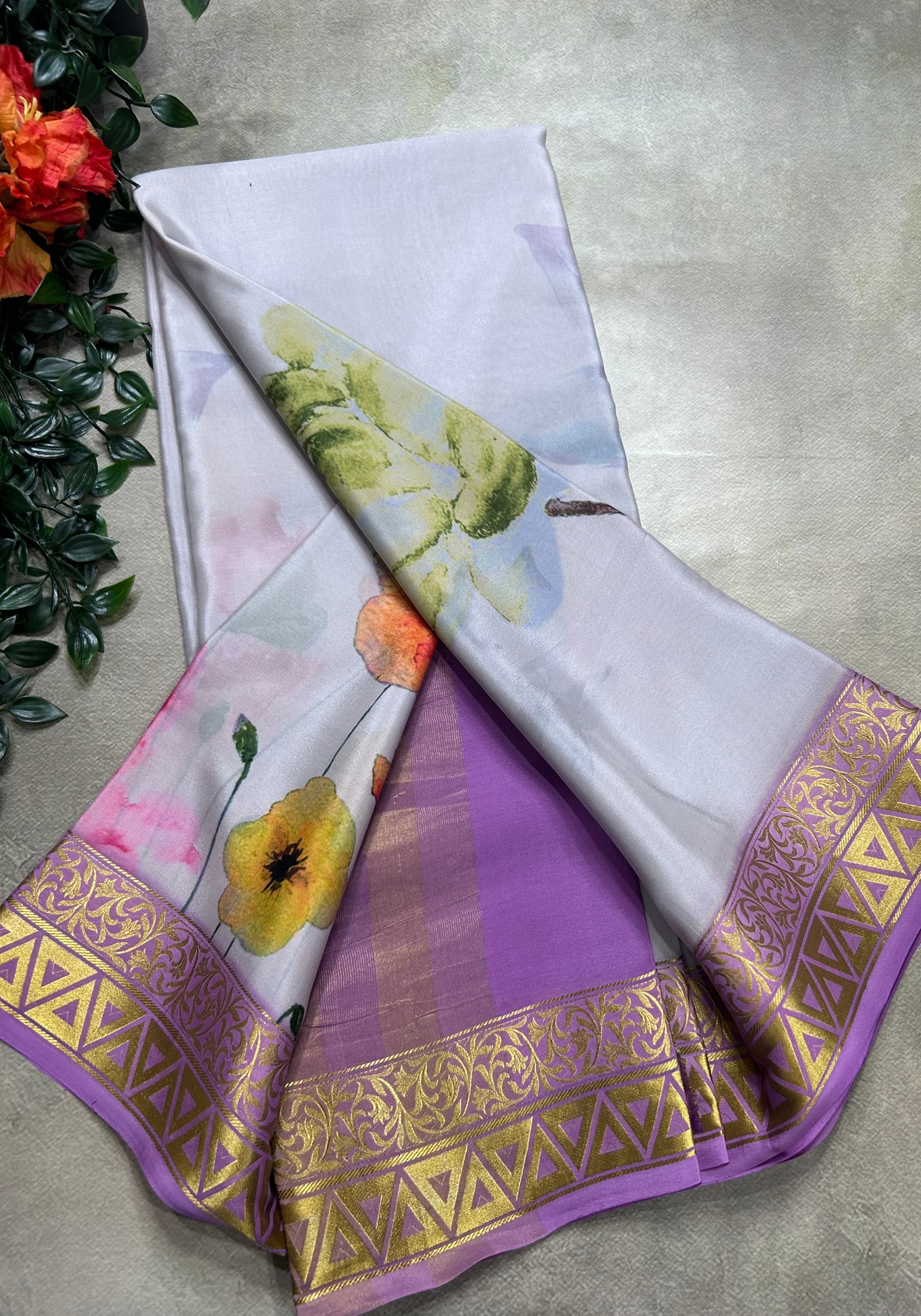 Pastel blue digital print pure mysore silk saree(DMS106)