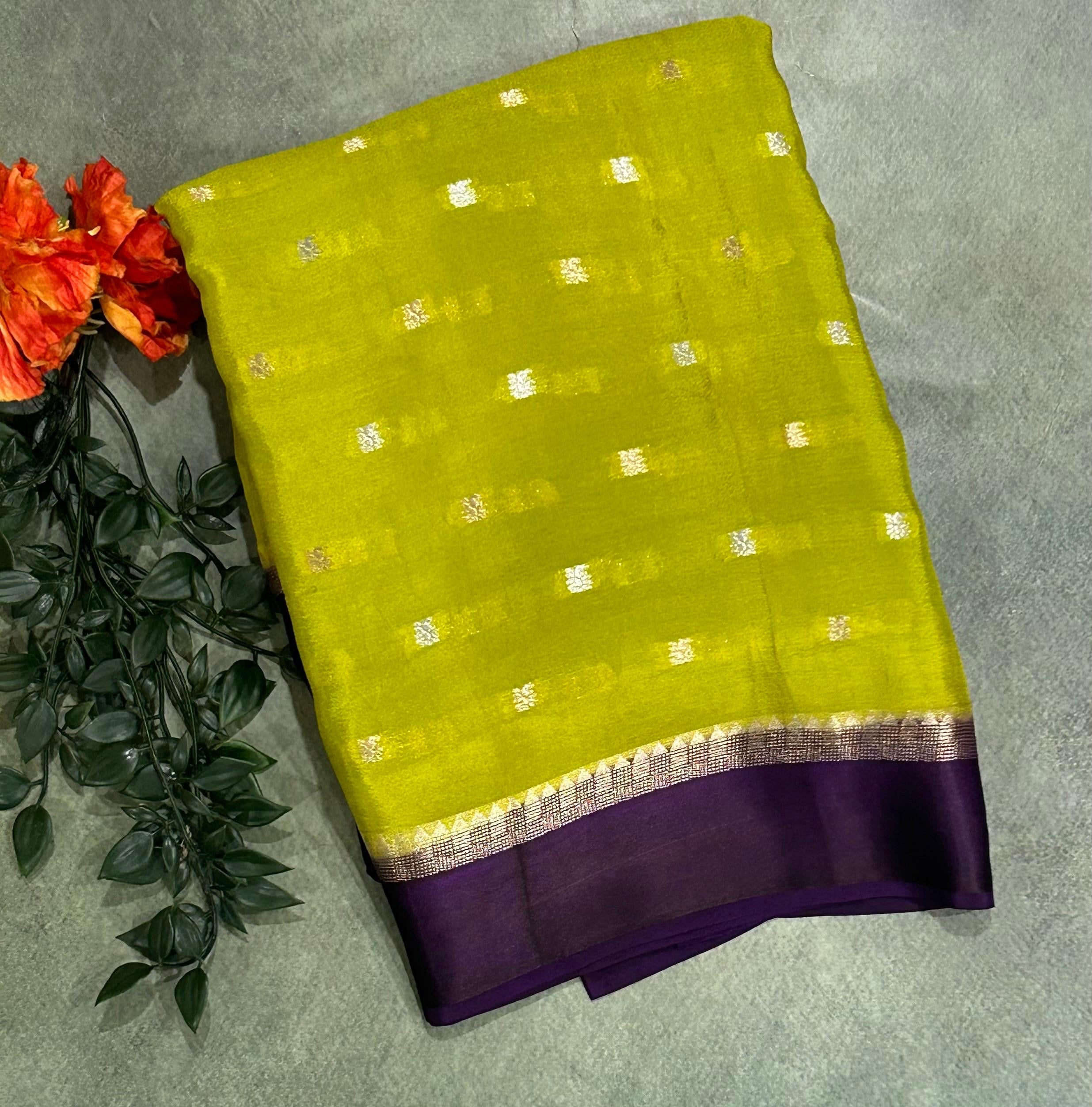 Neon green satin border chinnon 104 saree