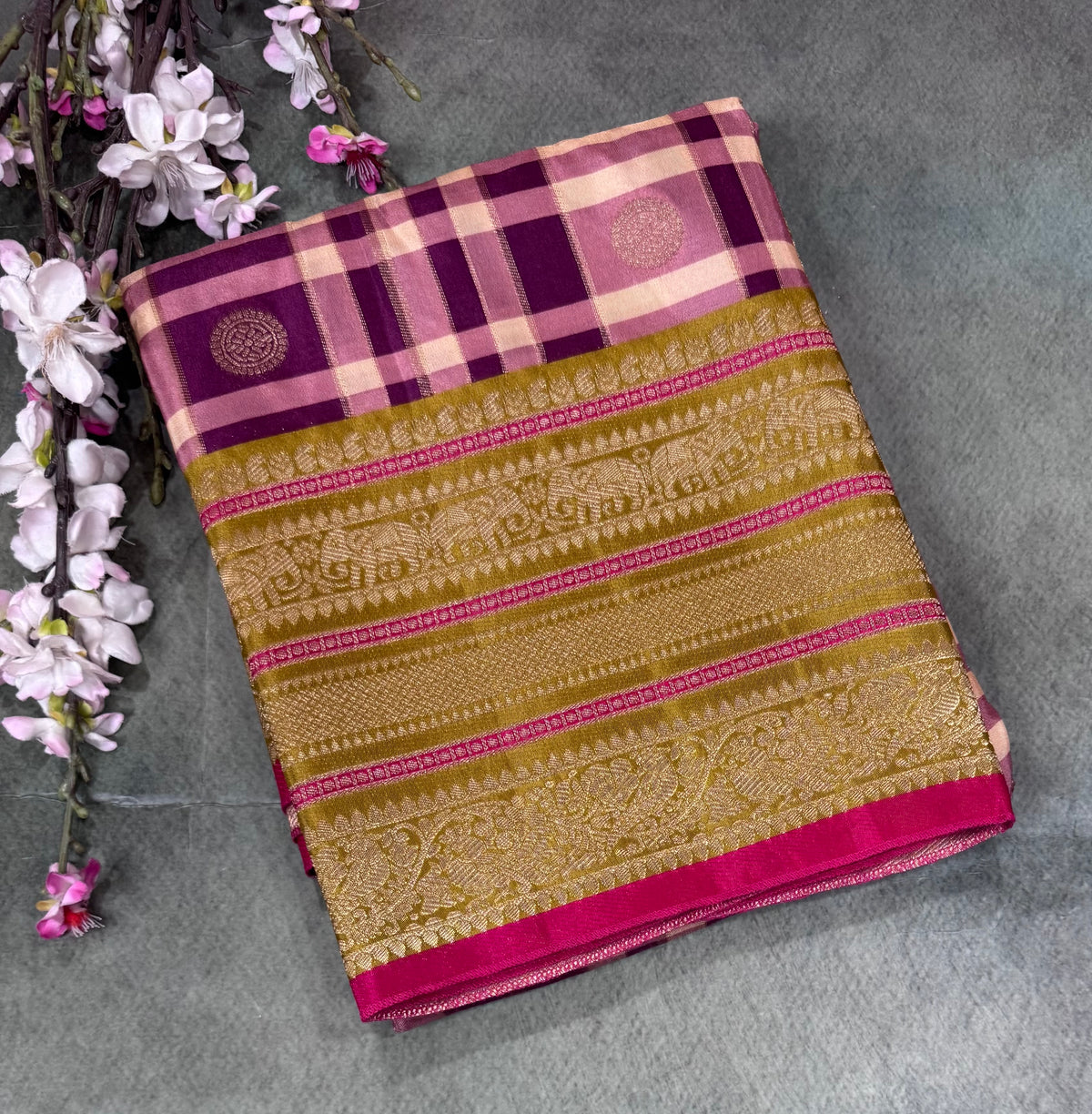 Wine Checks Semi Crepe Saree 110