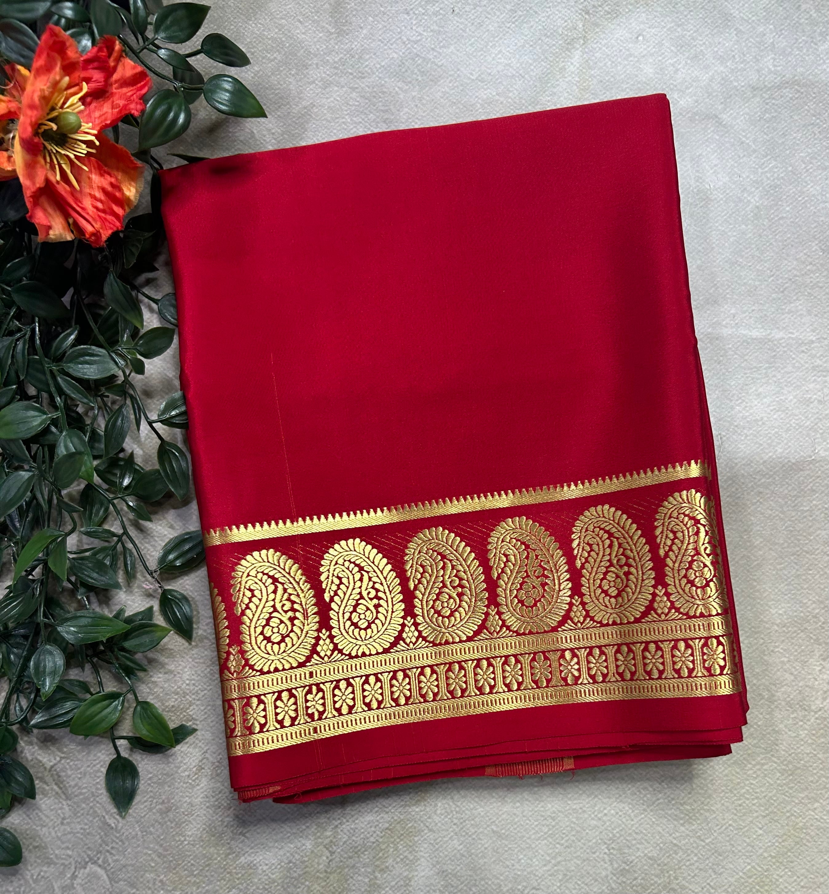 Red plain mango border pure Mysore silk 105 saree