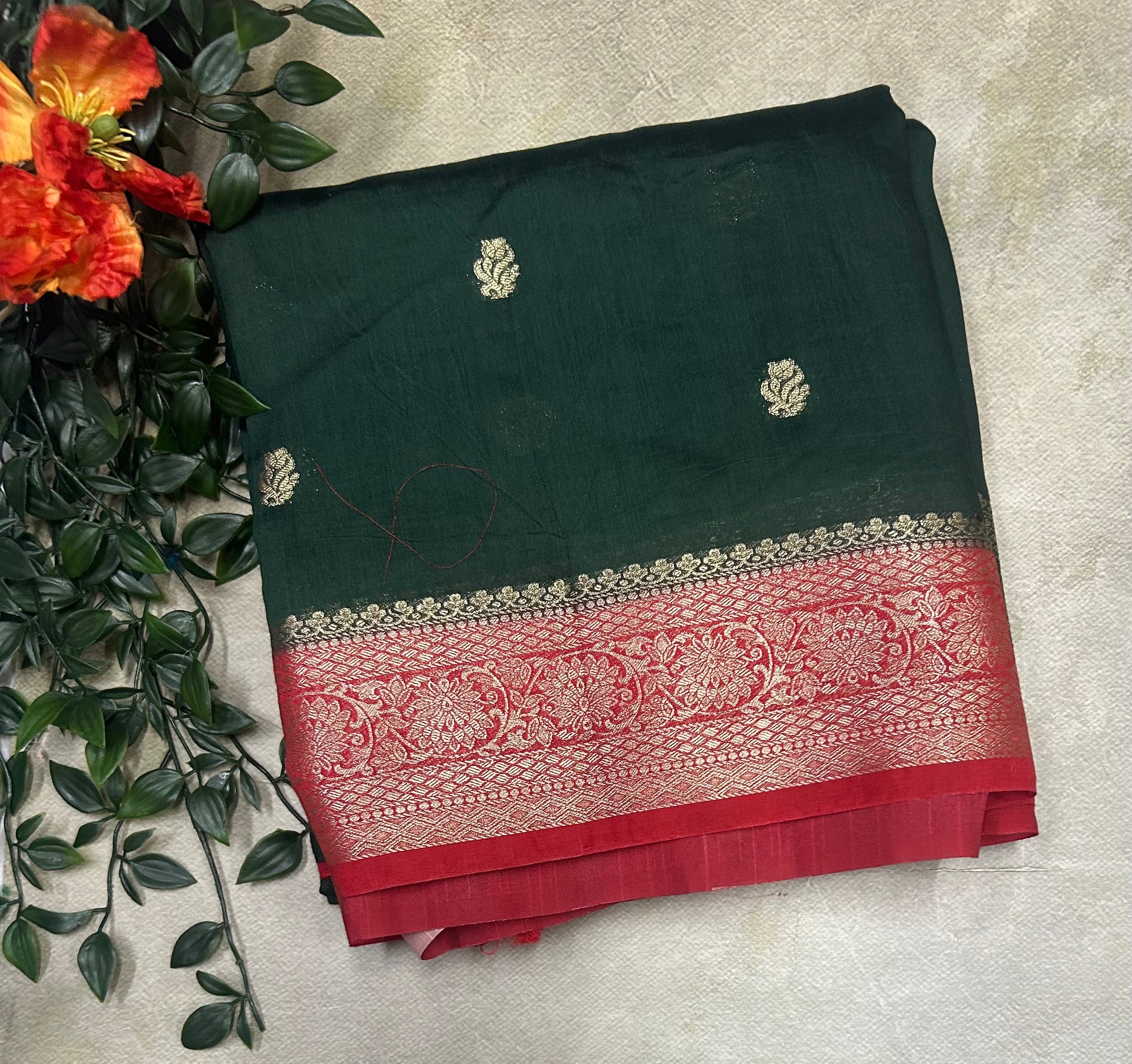 Bottle green n red small border soft Tussar crepe saree