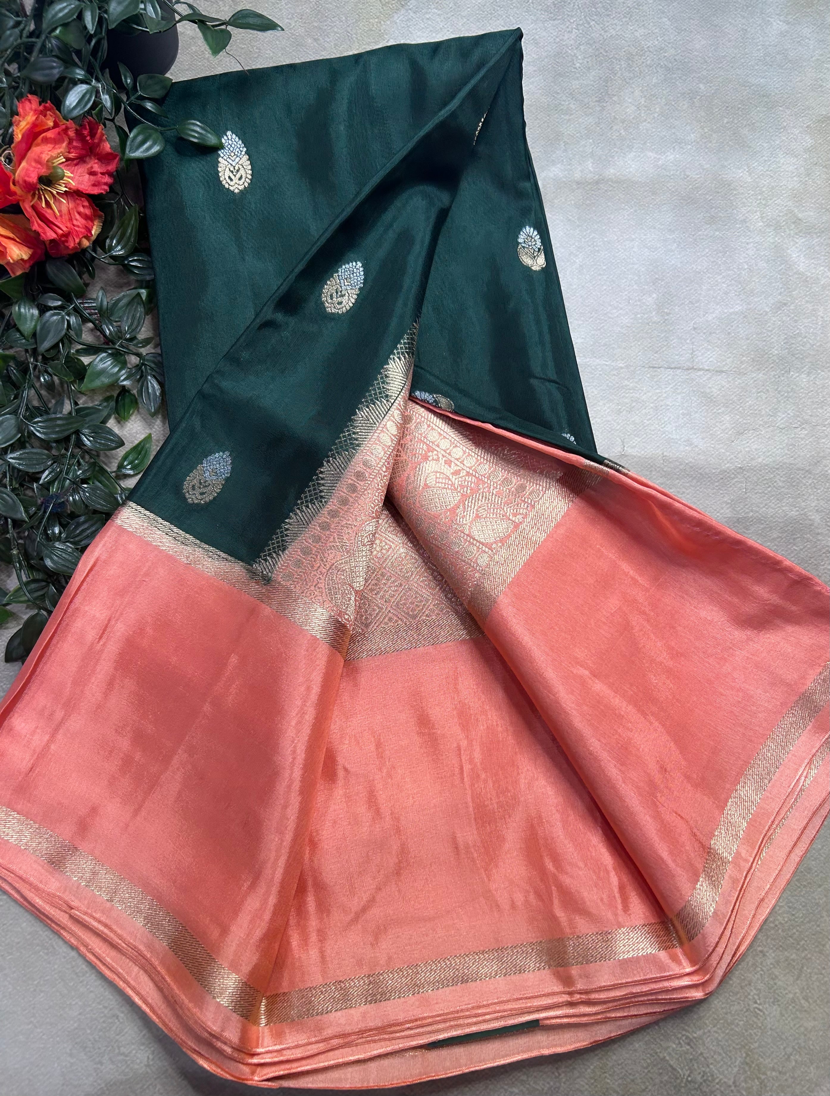 Bottle green bentex border semi Mysore crepe 106 saree